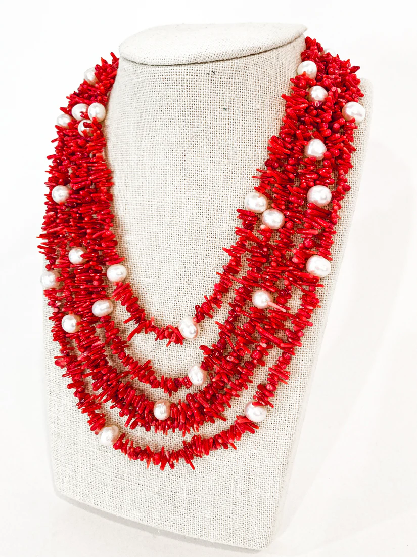 Gorgeous Five Strand Bright Coral Bead Cultured Pearl Silver Closure Necklace - Image 10