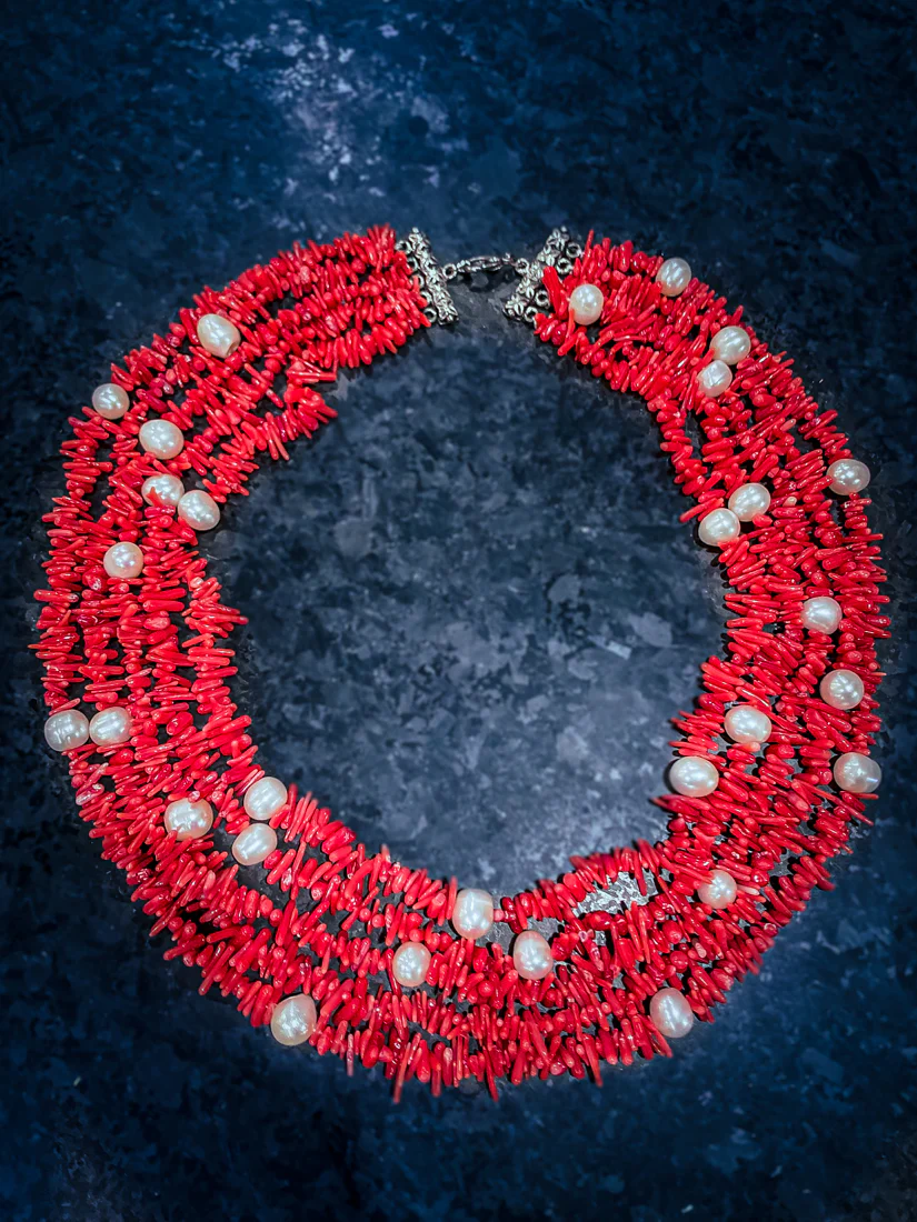 Gorgeous Five Strand Bright Coral Bead Cultured Pearl Silver Closure Necklace - Image 11