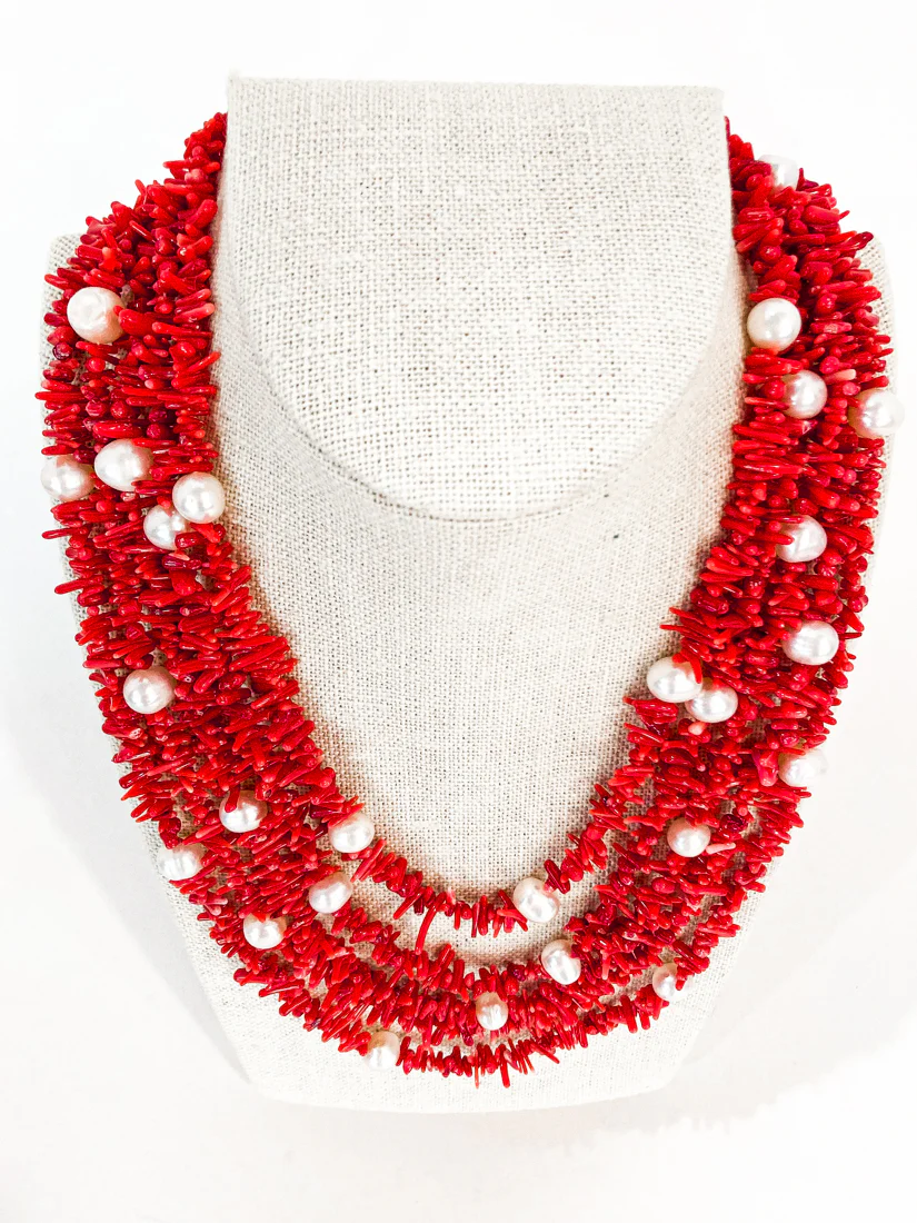 Gorgeous Five Strand Bright Coral Bead Cultured Pearl Silver Closure Necklace - Image 12
