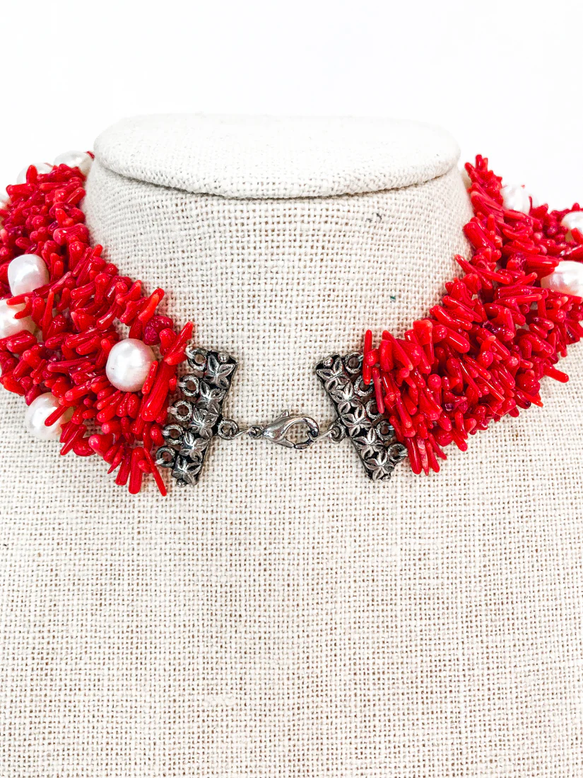 Gorgeous Five Strand Bright Coral Bead Cultured Pearl Silver Closure Necklace - Image 13
