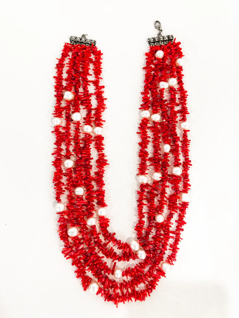 Gorgeous Five Strand Bright Coral Bead Cultured Pearl Silver Closure Necklace - Image 14