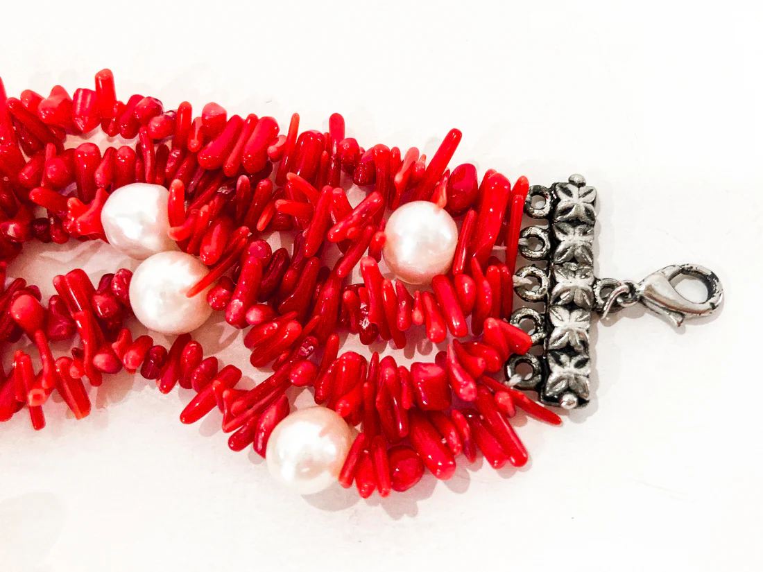 Gorgeous Five Strand Bright Coral Bead Cultured Pearl Silver Closure Necklace - Image 15