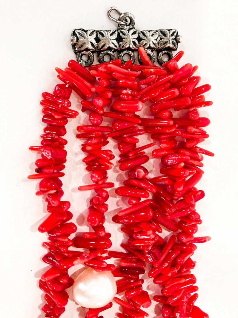 Gorgeous Five Strand Bright Coral Bead Cultured Pearl Silver Closure Necklace - Image 16