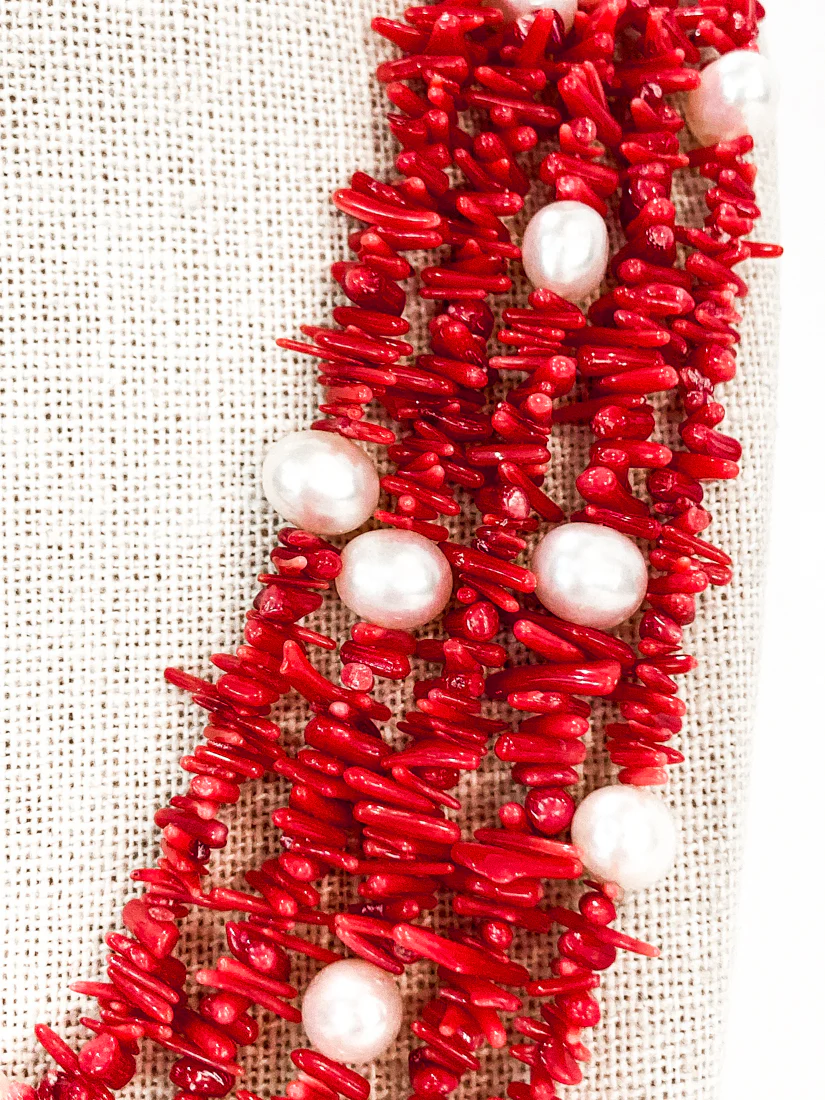 Gorgeous Five Strand Bright Coral Bead Cultured Pearl Silver Closure Necklace - Image 18