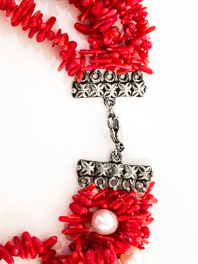 Gorgeous Five Strand Bright Coral Bead Cultured Pearl Silver Closure Necklace - Image 19