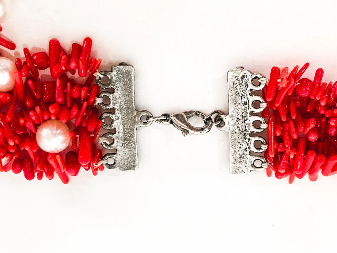 Gorgeous Five Strand Bright Coral Bead Cultured Pearl Silver Closure Necklace - Image 20