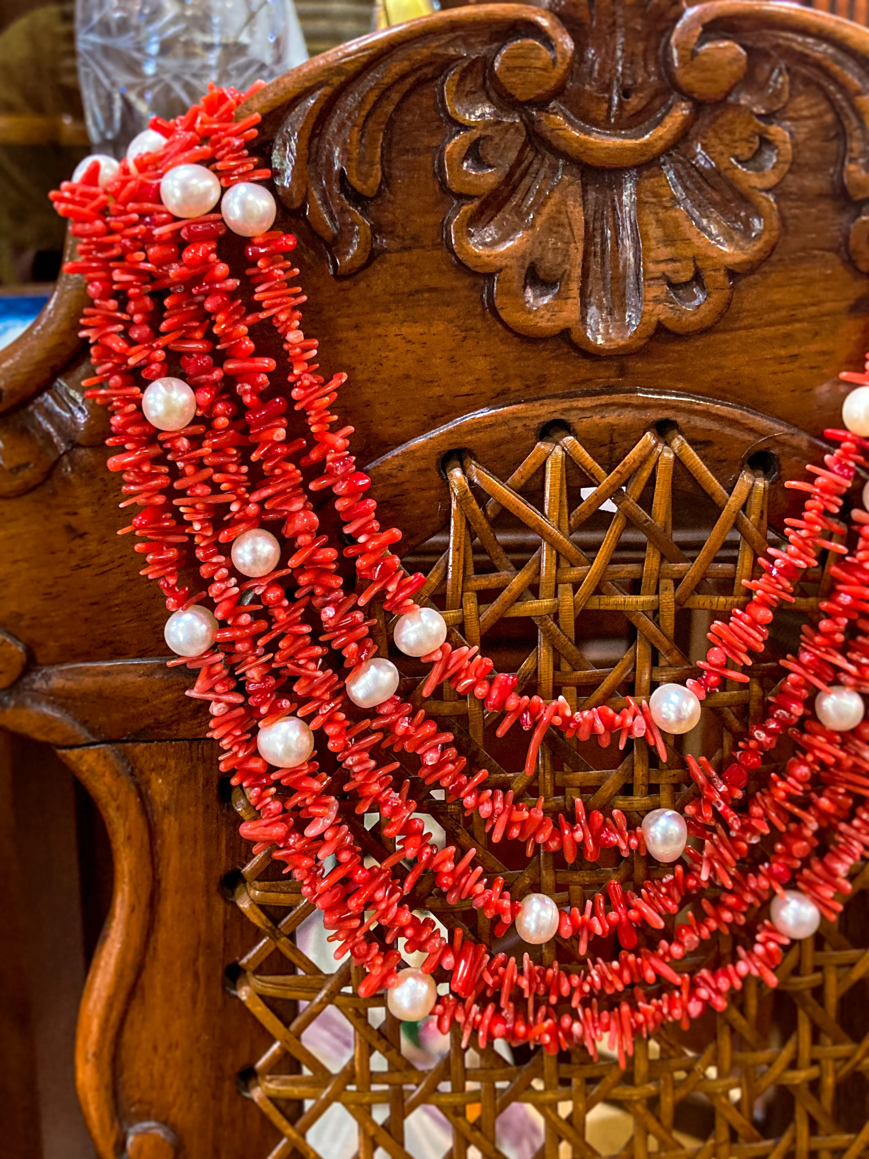 Gorgeous Five Strand Bright Coral Bead Cultured Pearl Silver Closure Necklace - Image 3