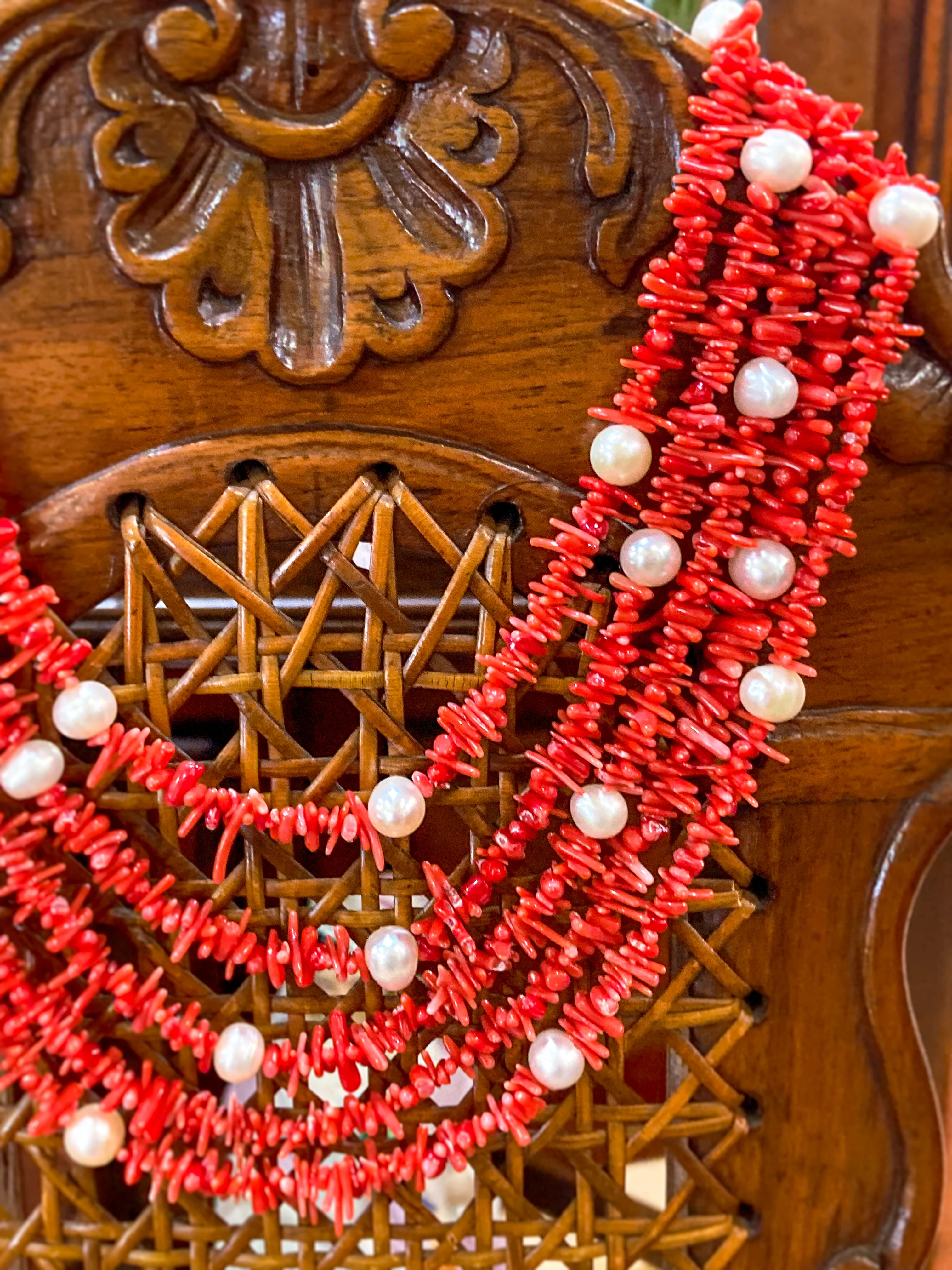 Gorgeous Five Strand Bright Coral Bead Cultured Pearl Silver Closure Necklace - Image 4