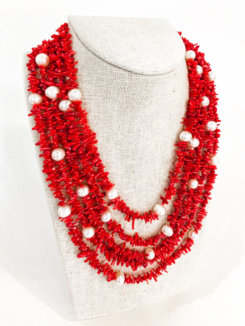 Gorgeous Five Strand Bright Coral Bead Cultured Pearl Silver Closure Necklace - Image 5