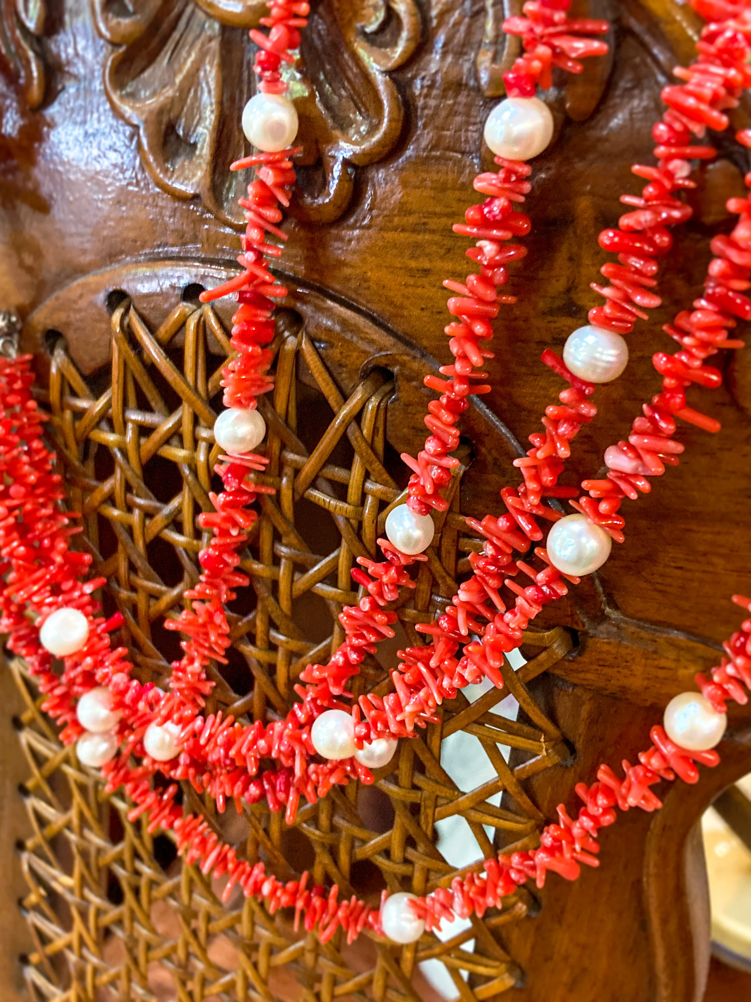 Gorgeous Five Strand Bright Coral Bead Cultured Pearl Silver Closure Necklace - Image 6