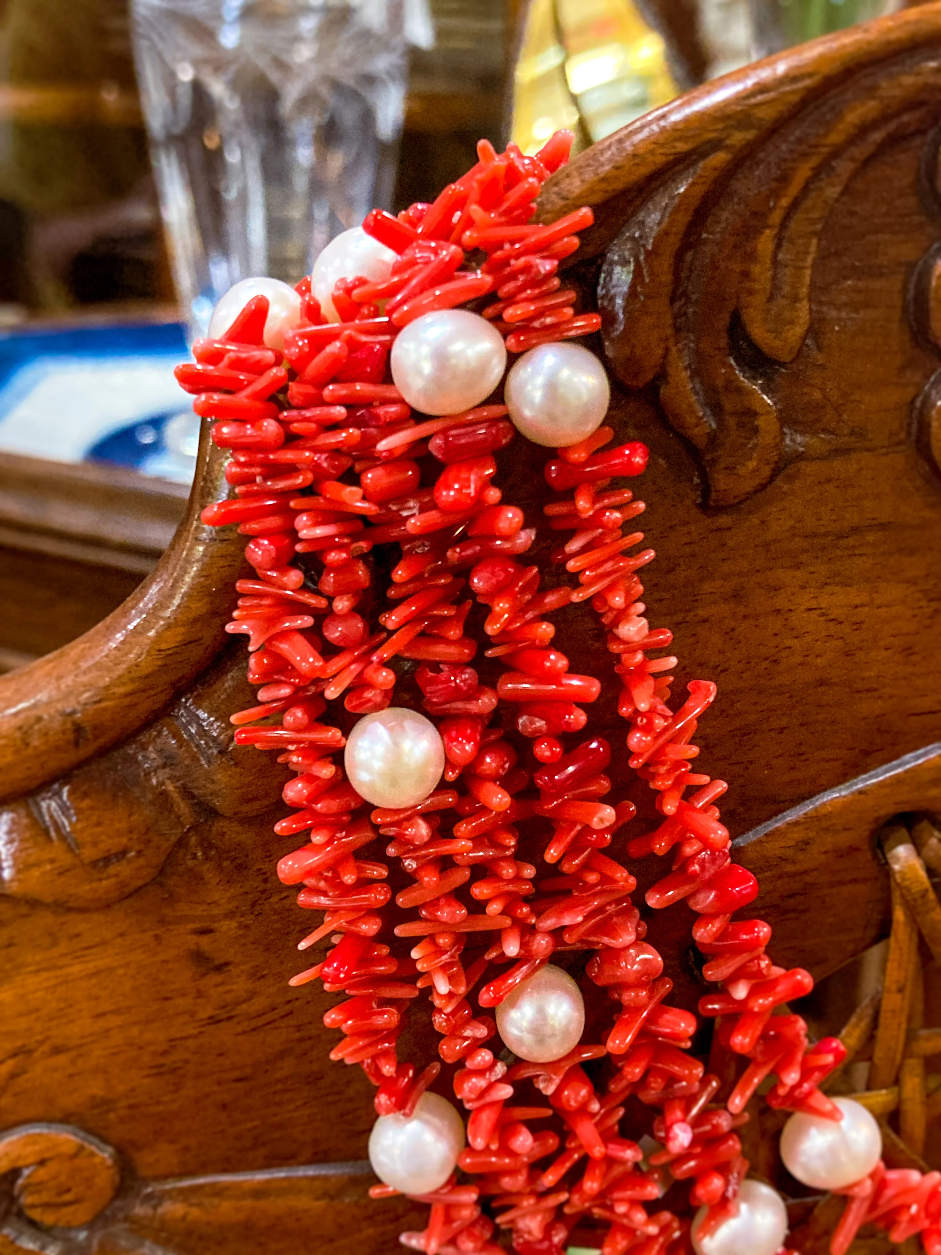 Gorgeous Five Strand Bright Coral Bead Cultured Pearl Silver Closure Necklace - Image 7