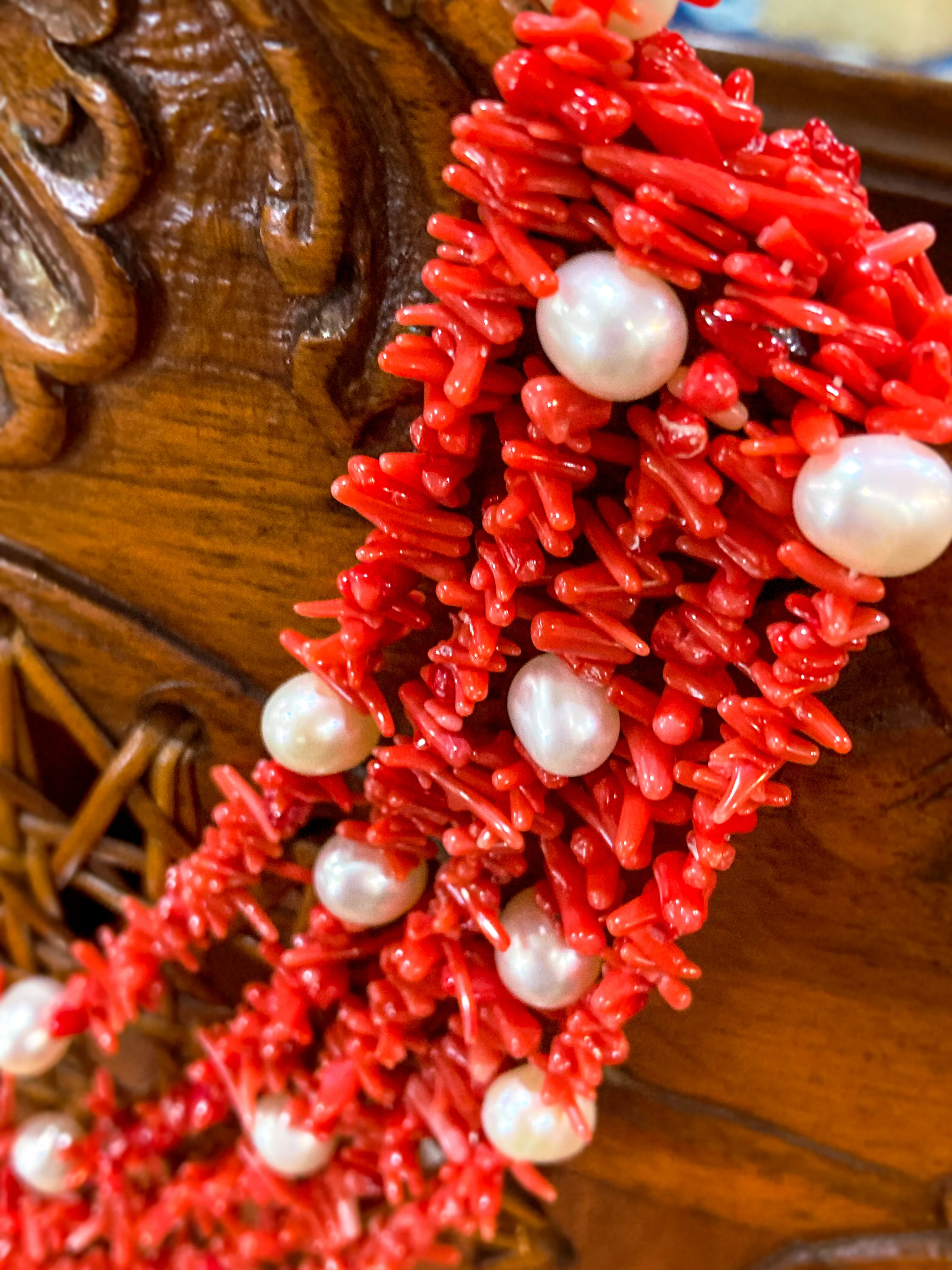 Gorgeous Five Strand Bright Coral Bead Cultured Pearl Silver Closure Necklace - Image 8