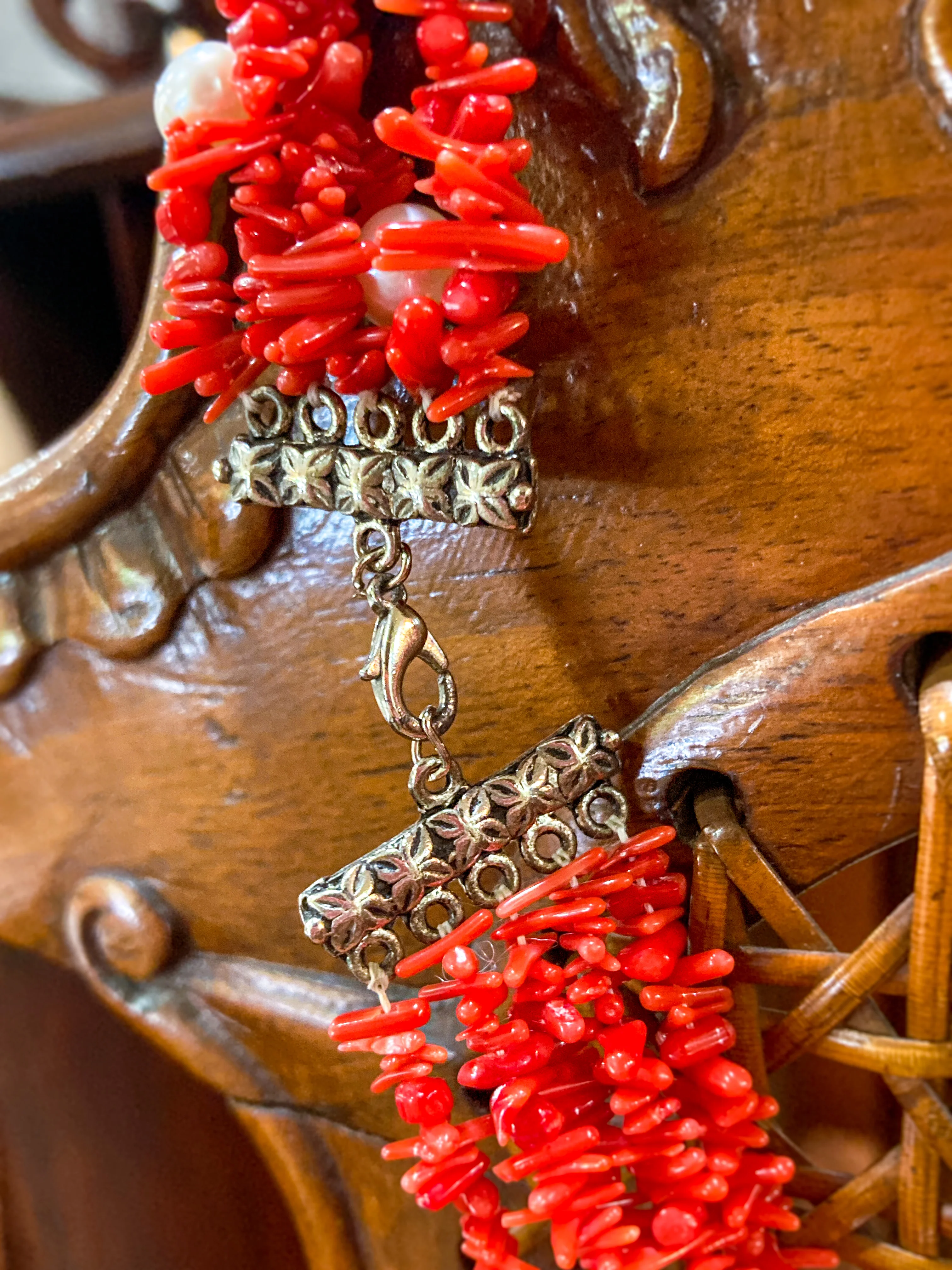 Gorgeous Five Strand Bright Coral Bead Cultured Pearl Silver Closure Necklace - Image 9