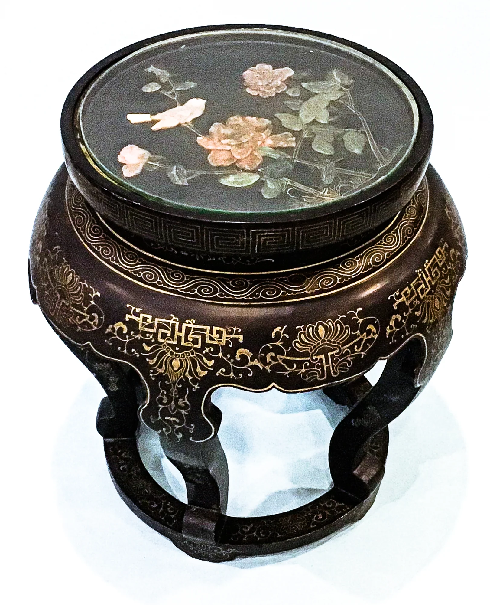 Vintage Applied Stone Roses Bird Gold Detailed Black Lacquer Round Side Table - Image 5