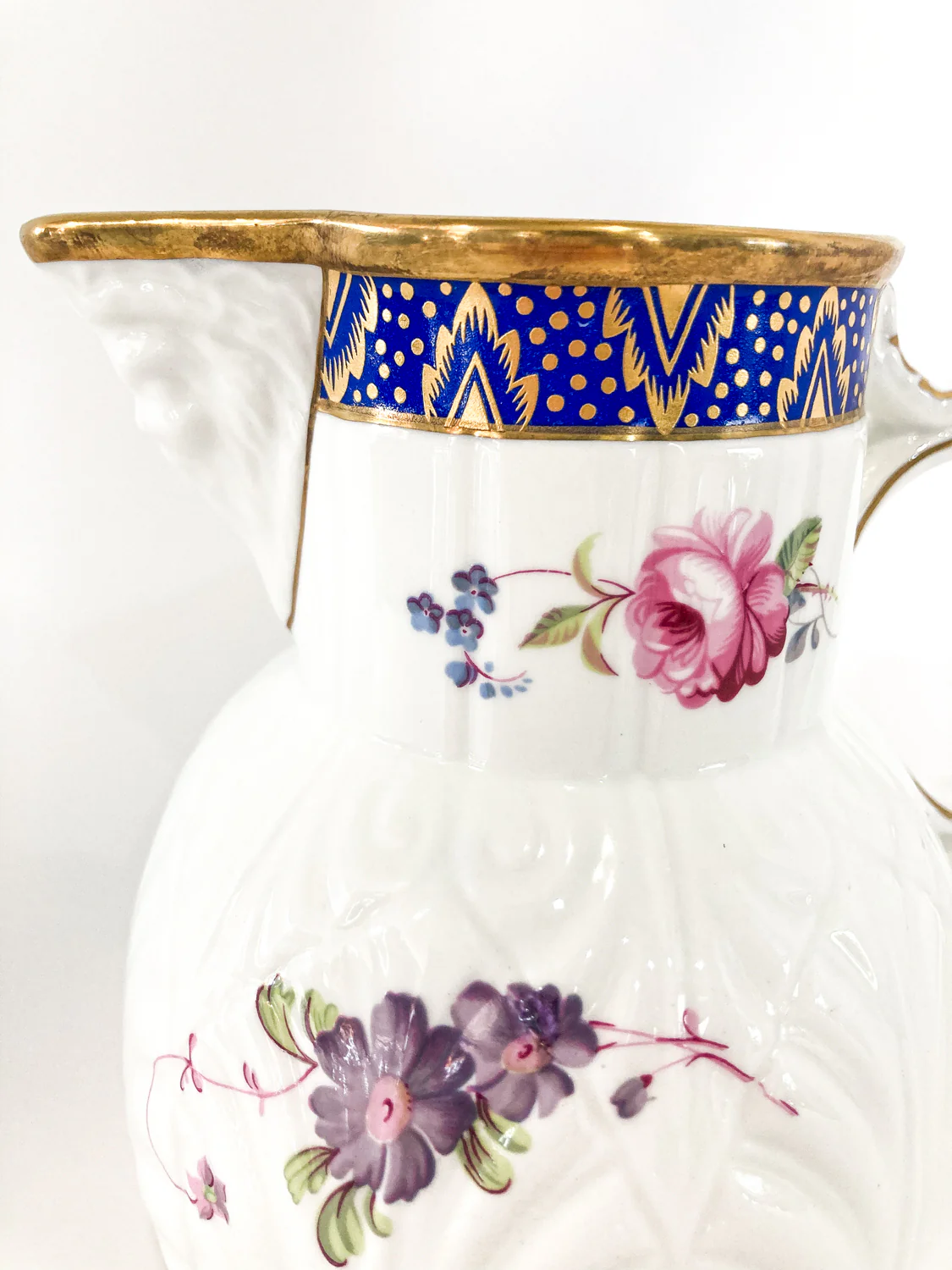 Set of Three Vintage Caughley Floral Painted Mask Head Porcelain Pitcher Jugs - Image 13