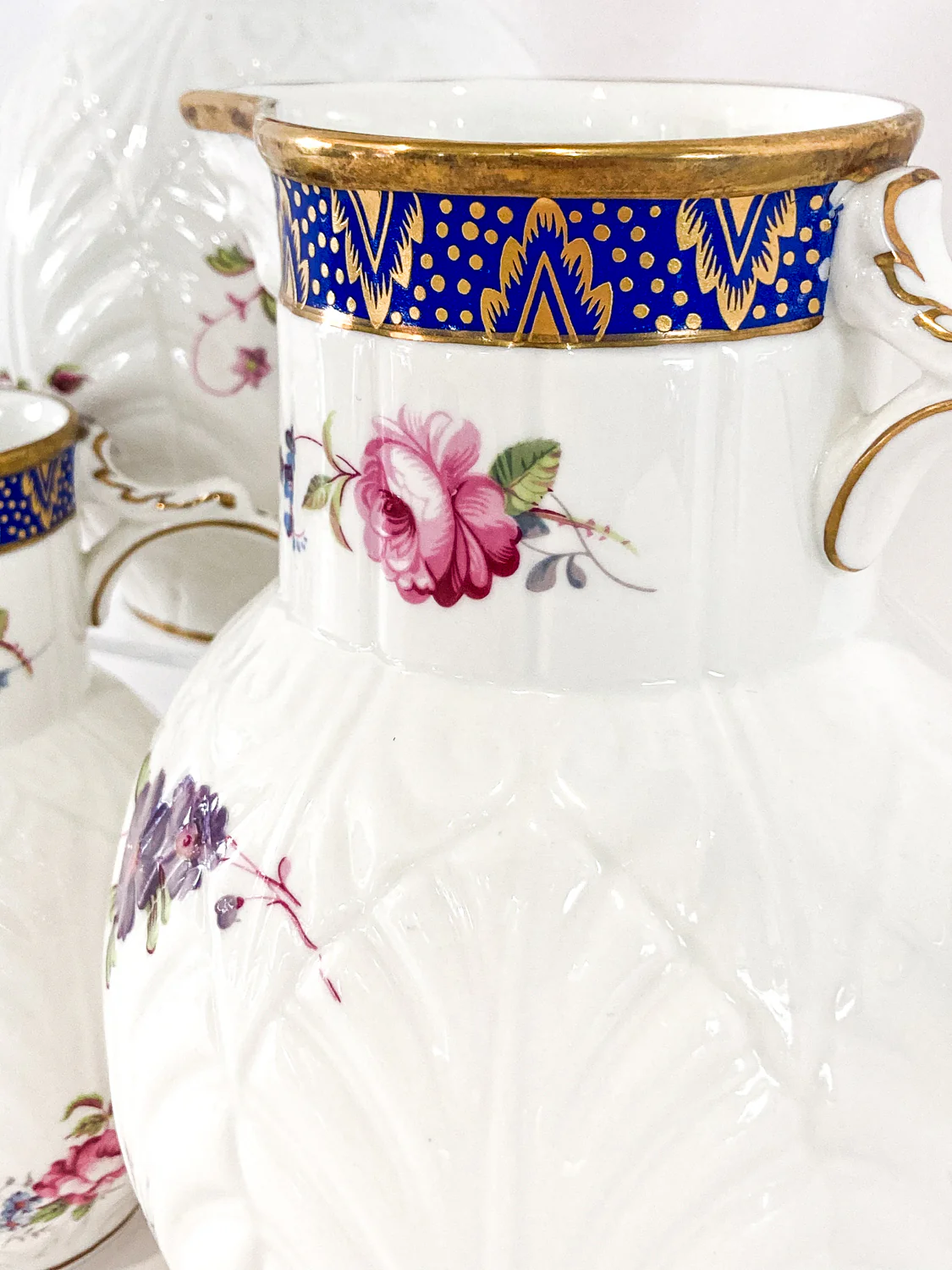 Set of Three Vintage Caughley Floral Painted Mask Head Porcelain Pitcher Jugs - Image 26