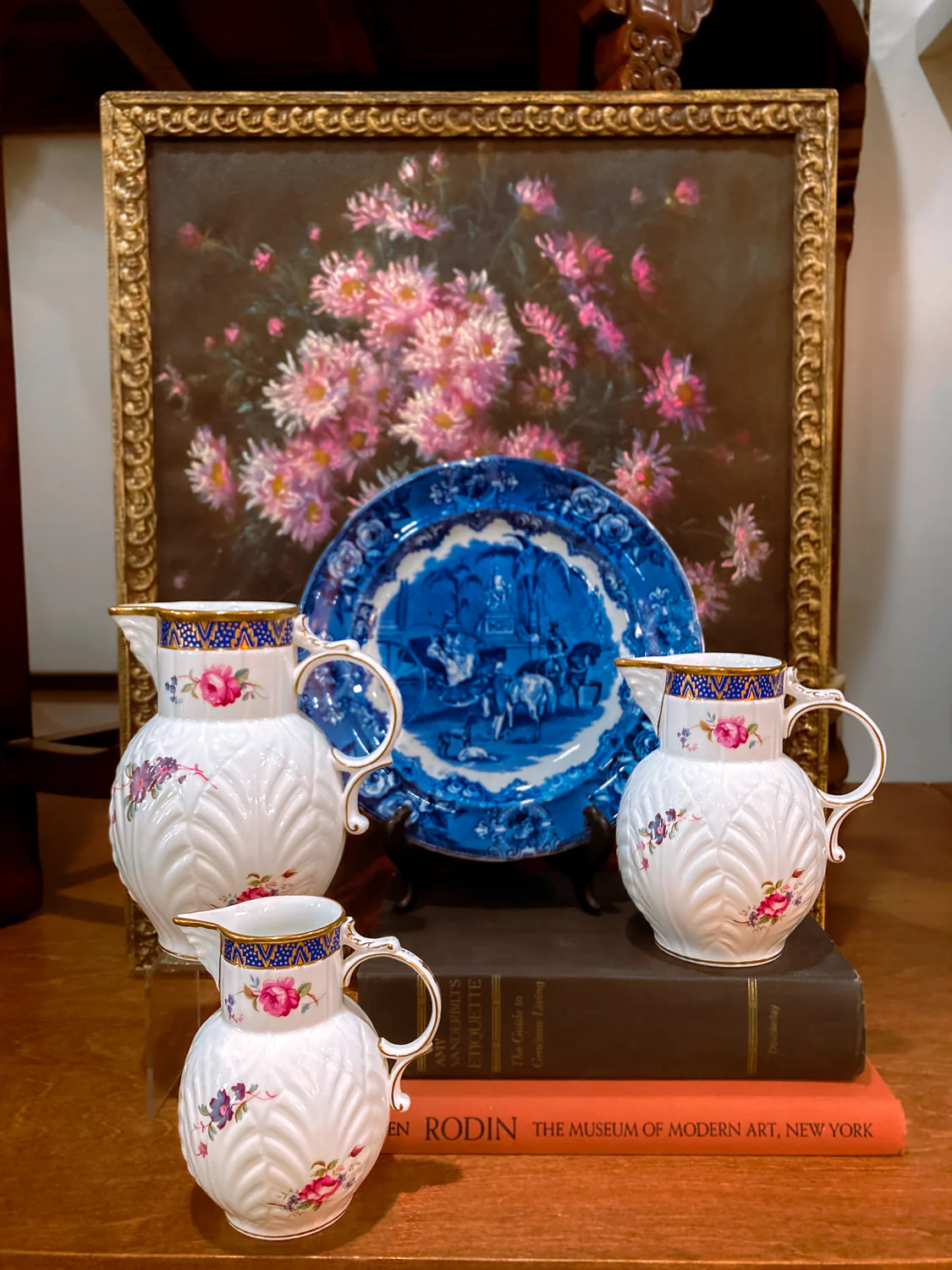 Set of Three Vintage Caughley Floral Painted Mask Head Porcelain Pitcher Jugs - Image 3