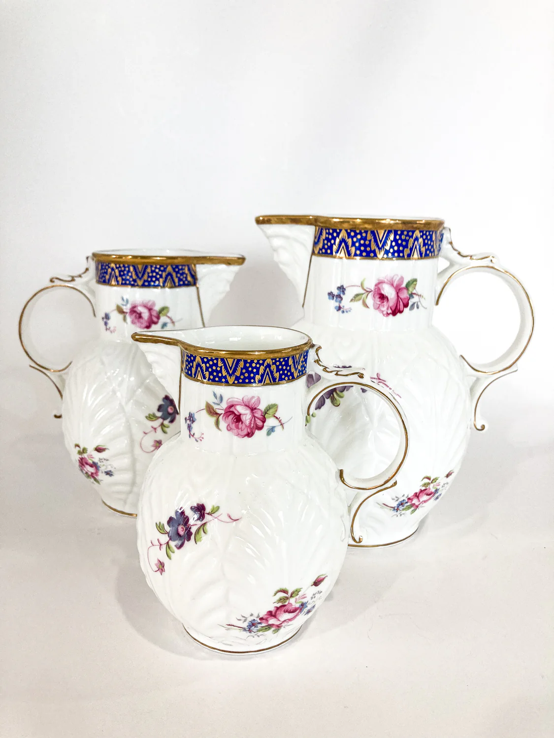 Set of Three Vintage Caughley Floral Painted Mask Head Porcelain Pitcher Jugs - Image 4