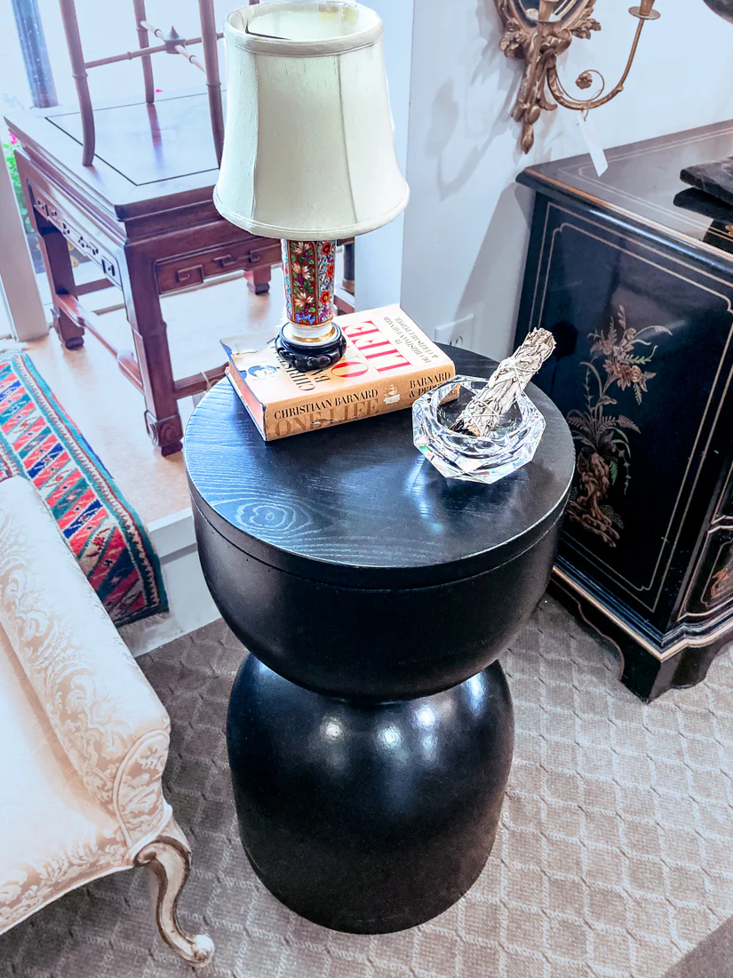 Repurposed Vintage Black Fiberglass Wood Top Hourglass Accent Side Table - Image 10