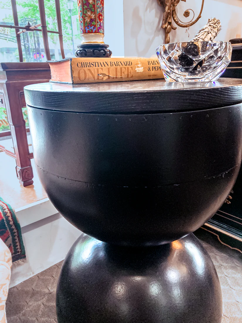 Repurposed Vintage Black Fiberglass Wood Top Hourglass Accent Side Table - Image 12