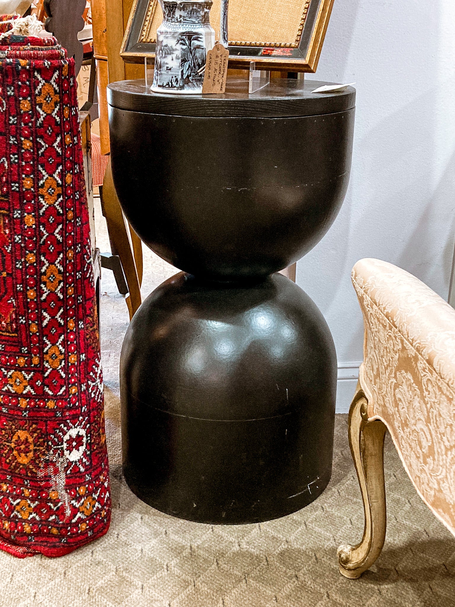 Repurposed Vintage Black Fiberglass Wood Top Hourglass Accent Side Table - Image 4