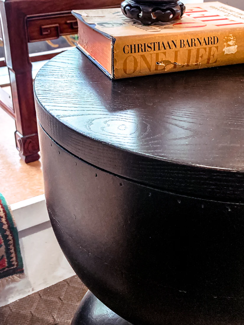 Repurposed Vintage Black Fiberglass Wood Top Hourglass Accent Side Table - Image 9