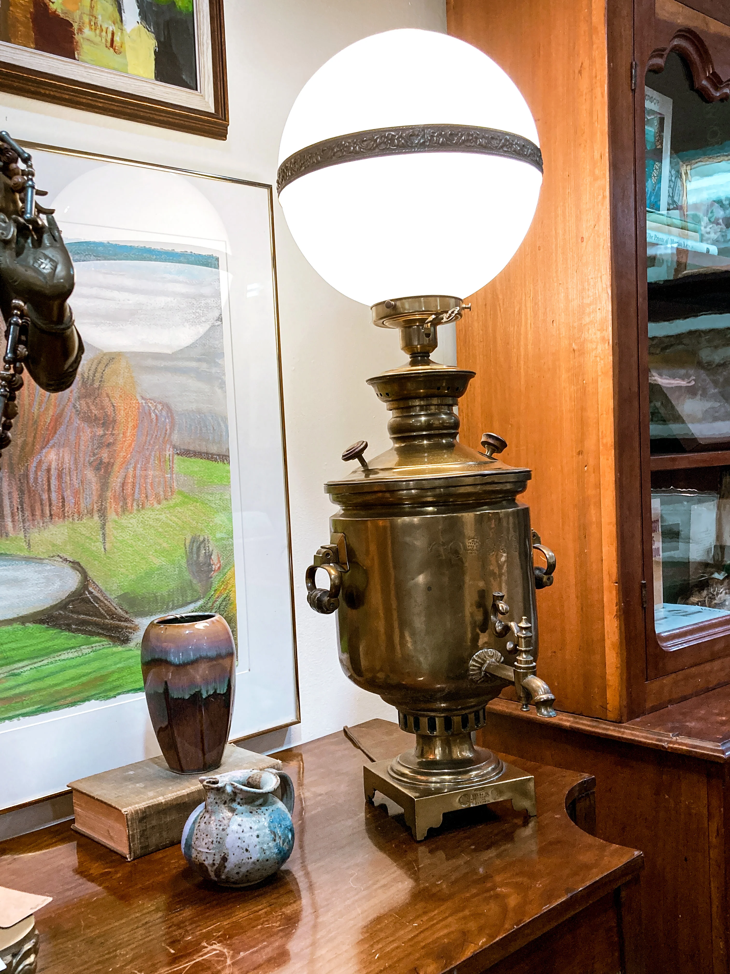 Antique 19th Century Samovar Milk Glass Globe Table Lamp Light - Image 11