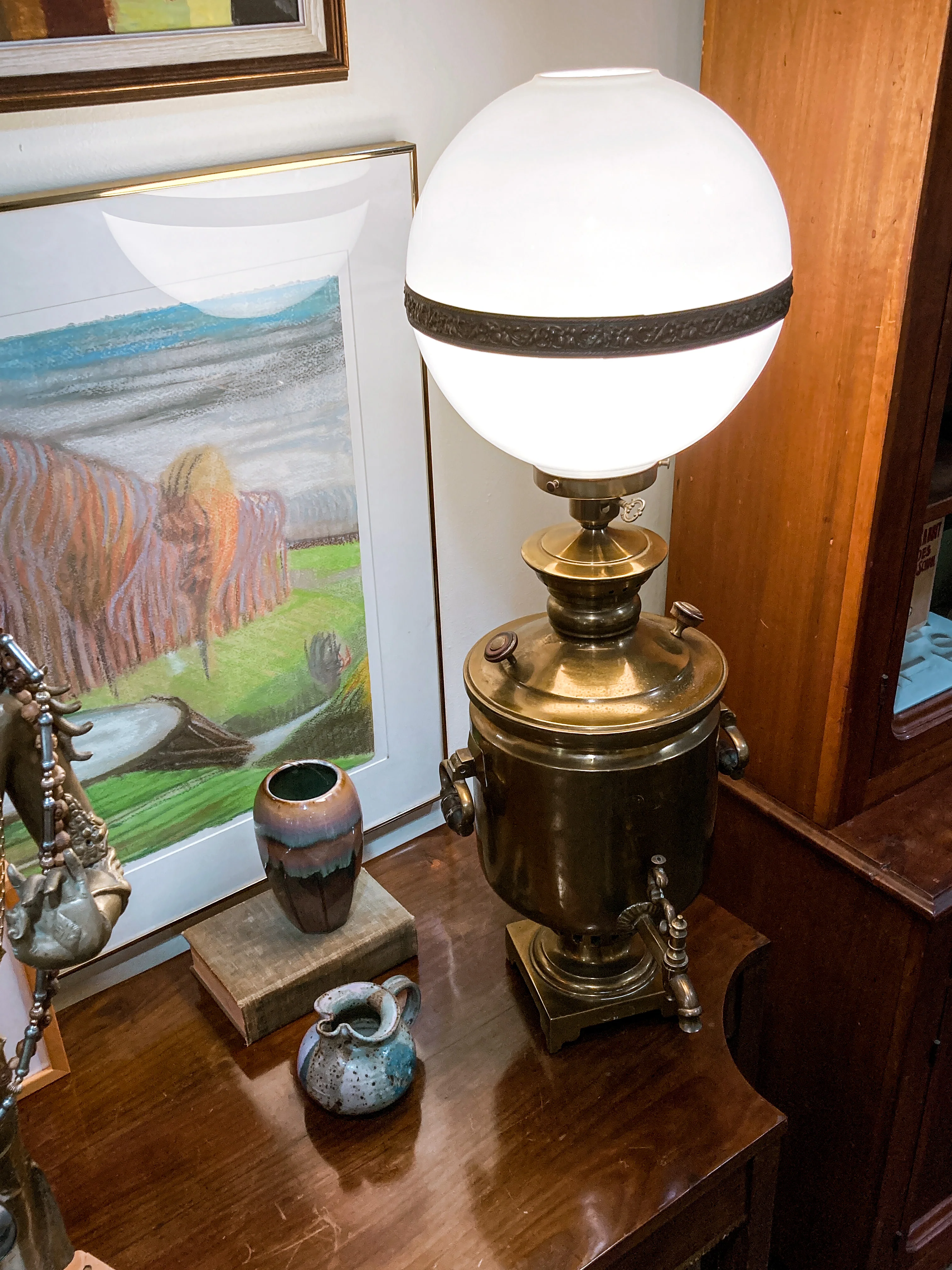 Antique 19th Century Samovar Milk Glass Globe Table Lamp Light - Image 22