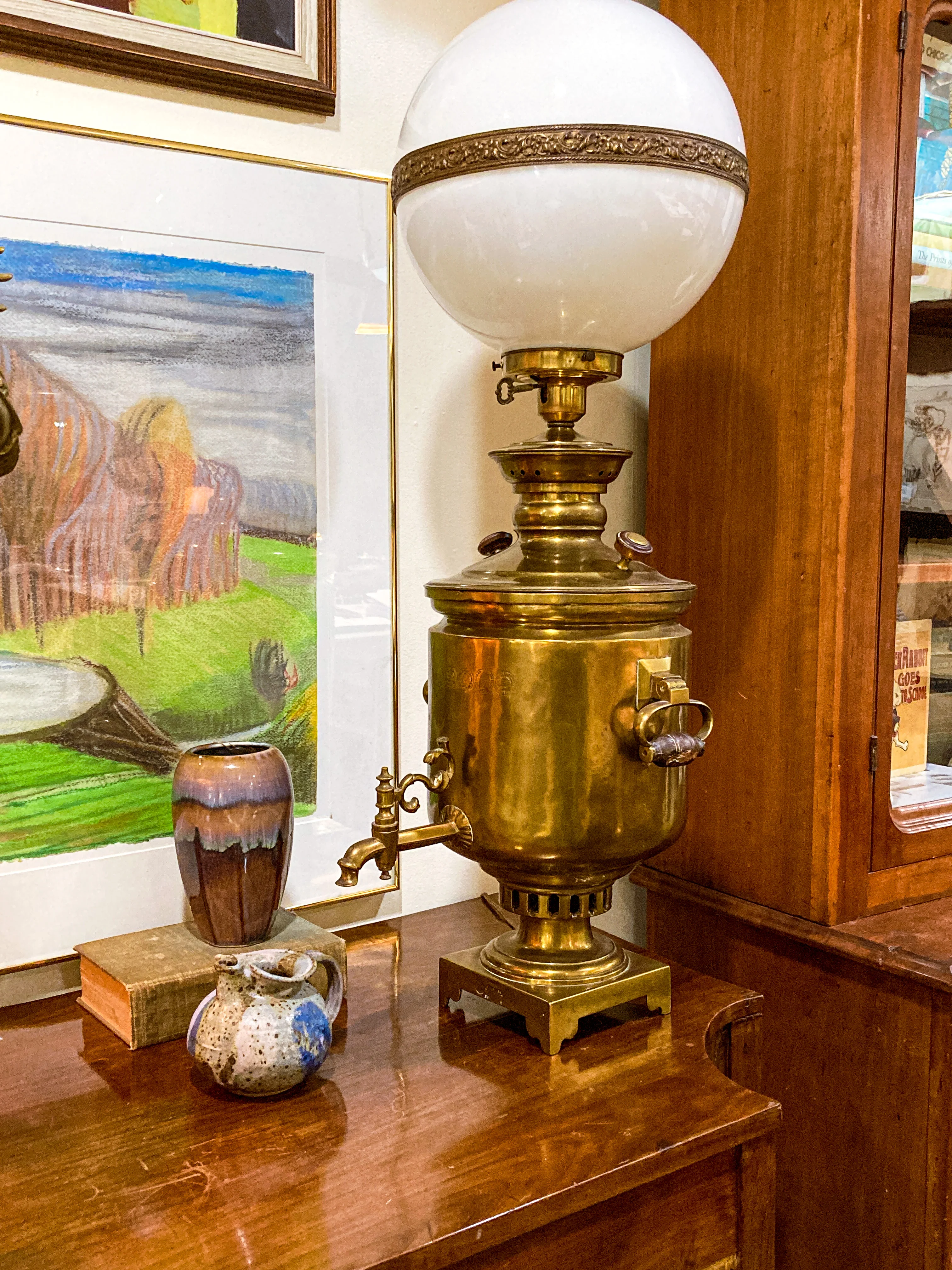 Antique 19th Century Samovar Milk Glass Globe Table Lamp Light - Image 27