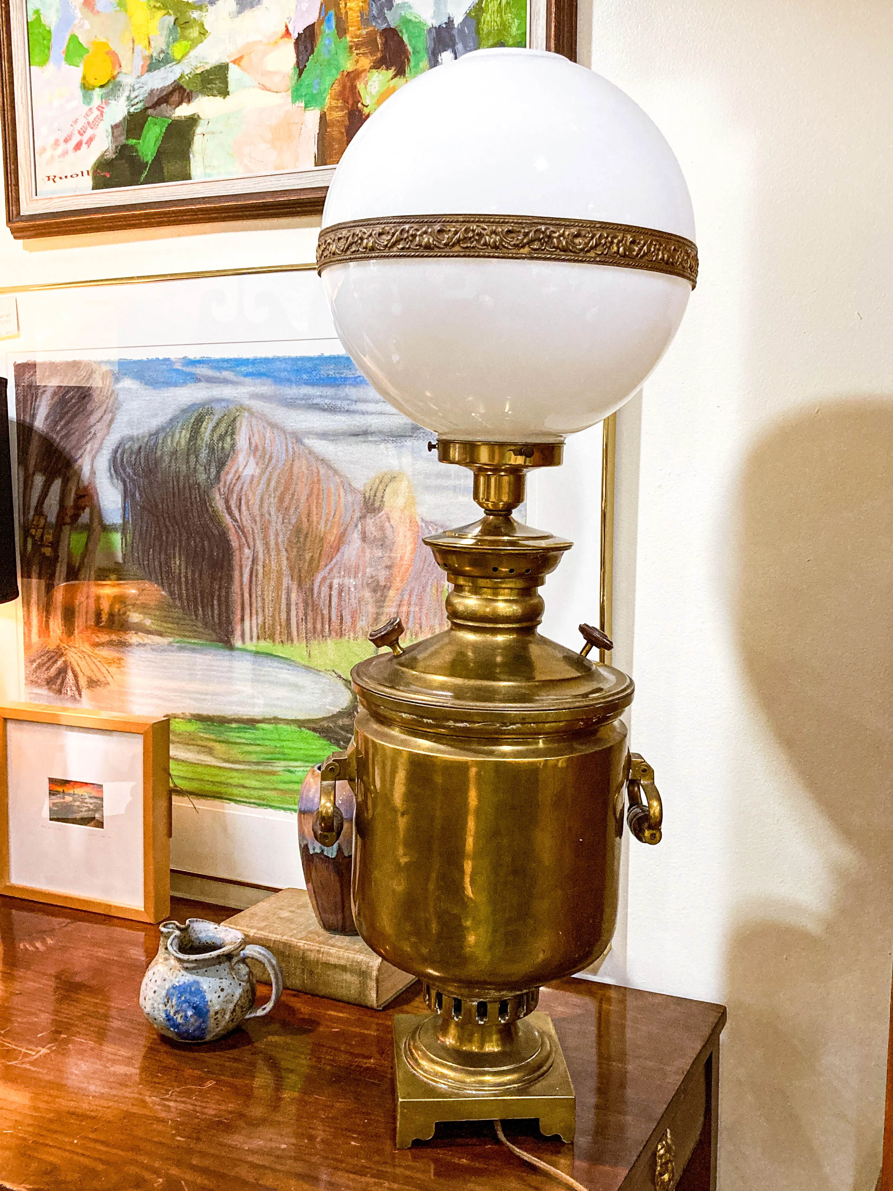 Antique 19th Century Samovar Milk Glass Globe Table Lamp Light - Image 28