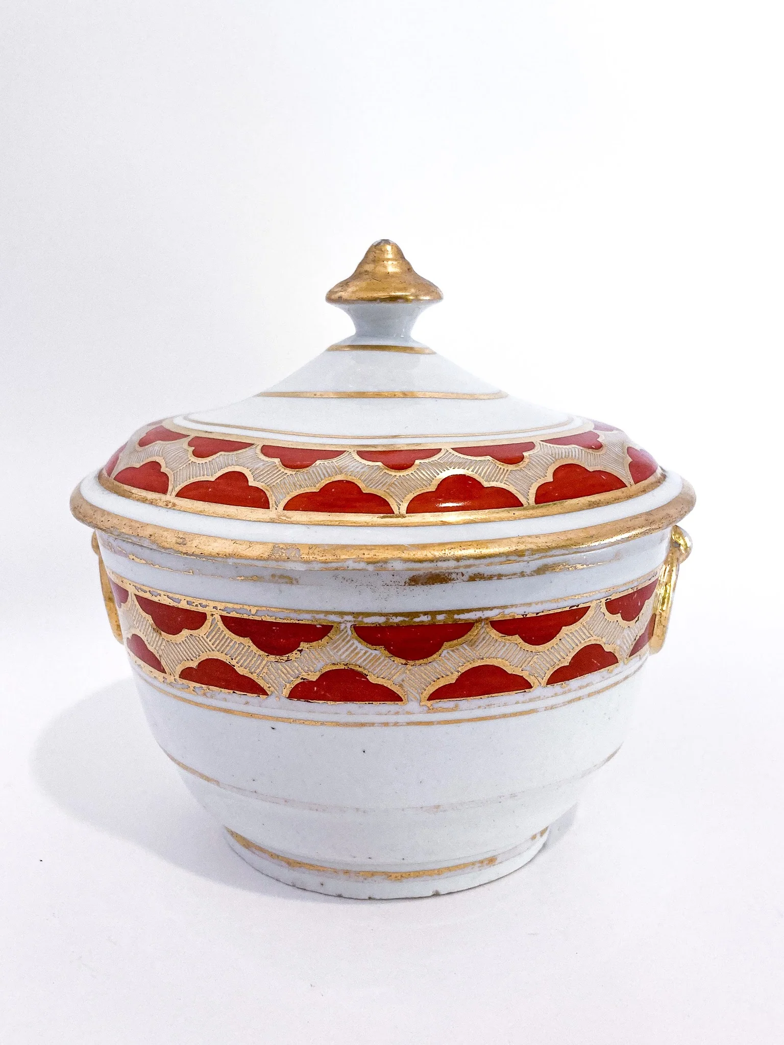 Antique 19th Century English Gilt Gold Iron Red Decorated Covered Porcelain Sugar Bowl - Image 11