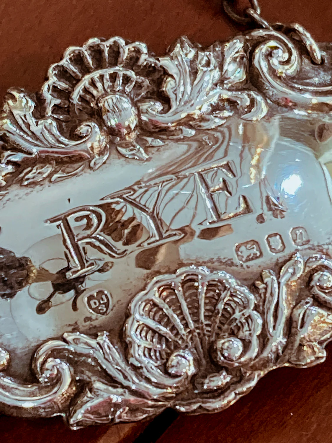 Antique Style English Repoussé Sterling Silver Rye Bottle Necklace Bar Tag - Image 5