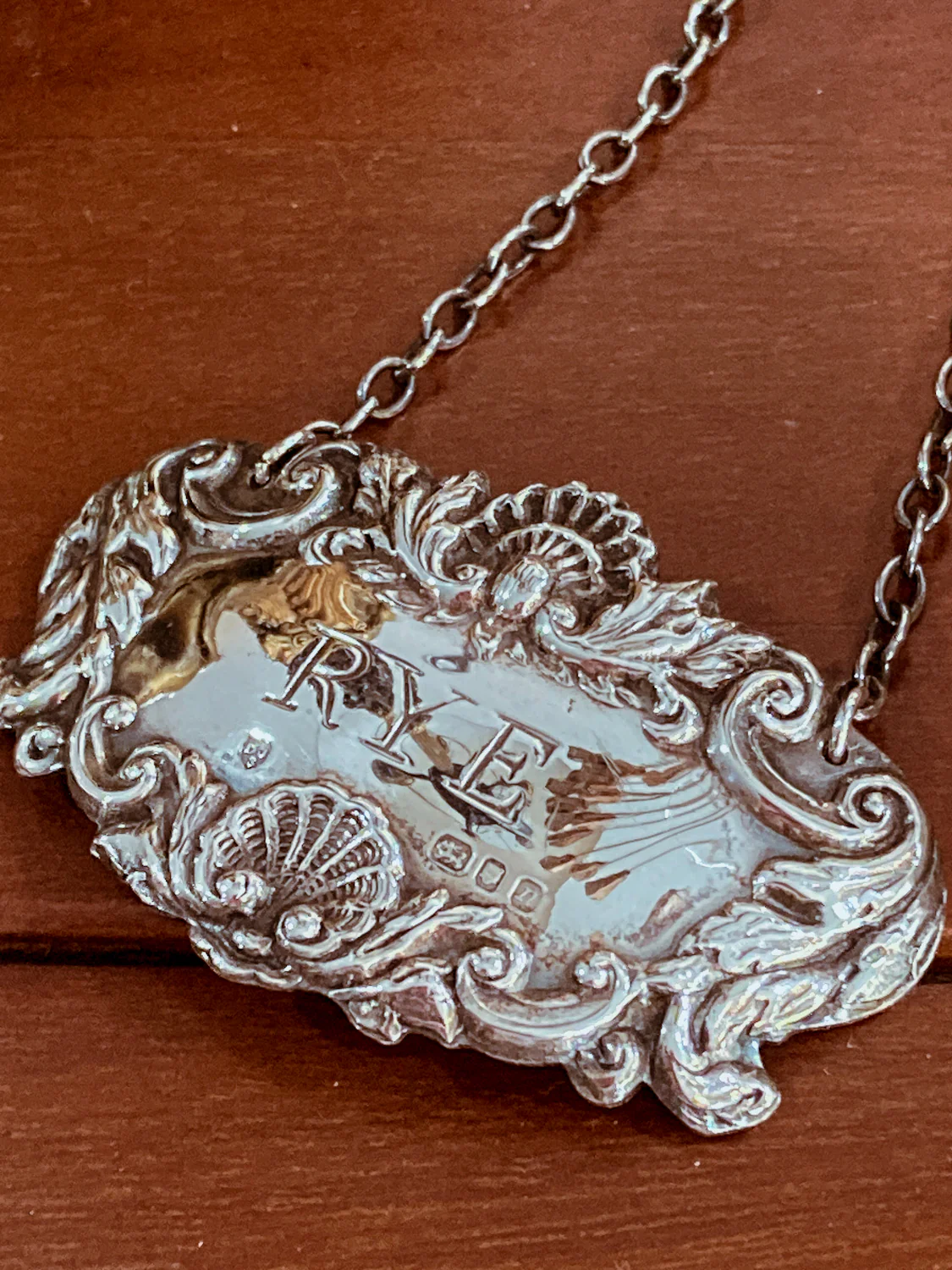 Antique Style English Repoussé Sterling Silver Rye Bottle Necklace Bar Tag - Image 6