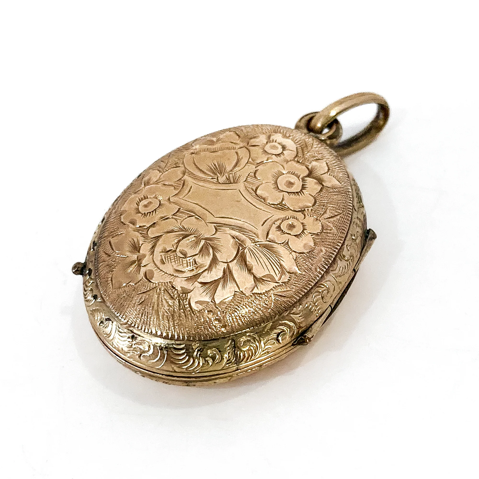 Antique Gold Filled Oval Floral Engraved Mourning Hair Locket Pendant - Image 10