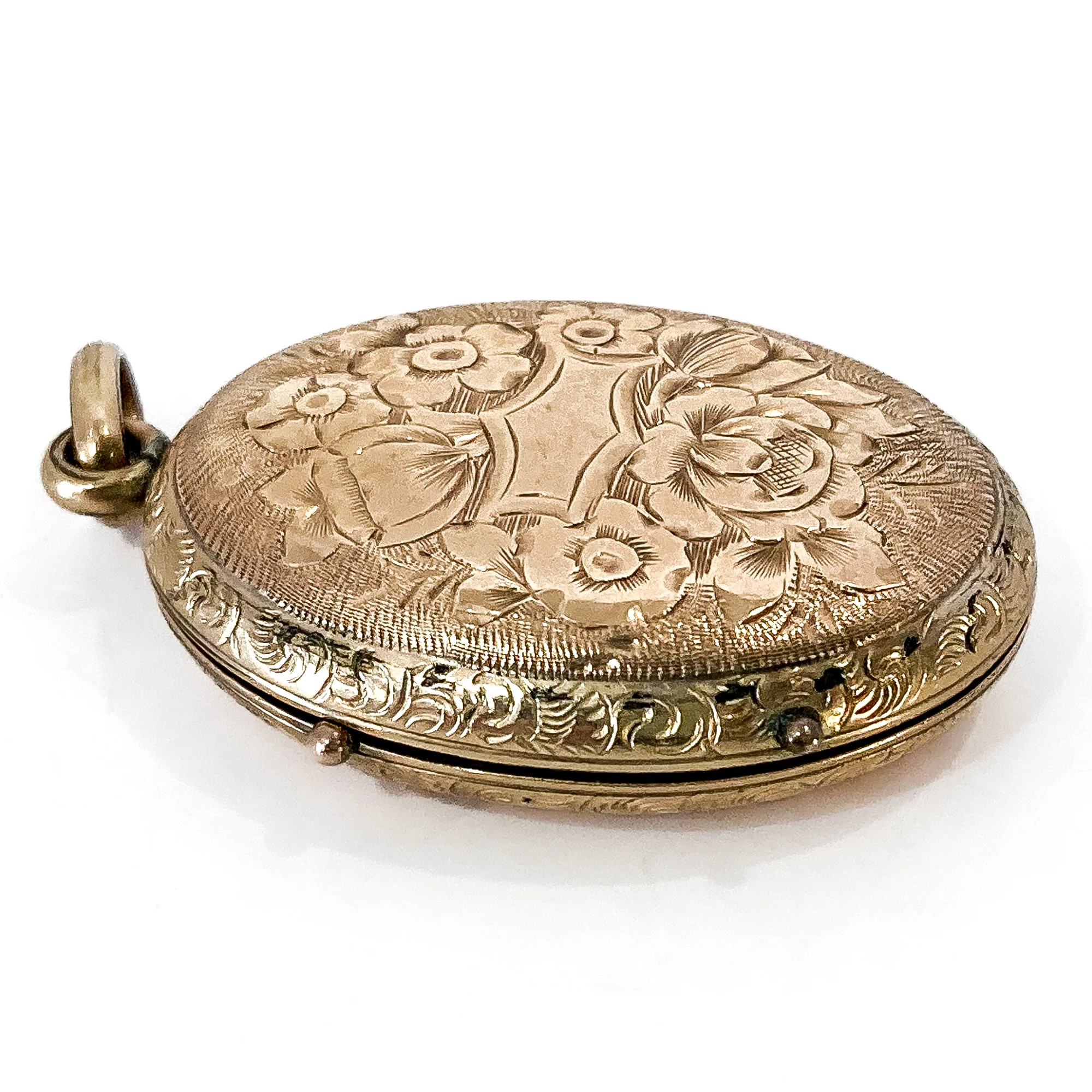 Antique Gold Filled Oval Floral Engraved Mourning Hair Locket Pendant - Image 11