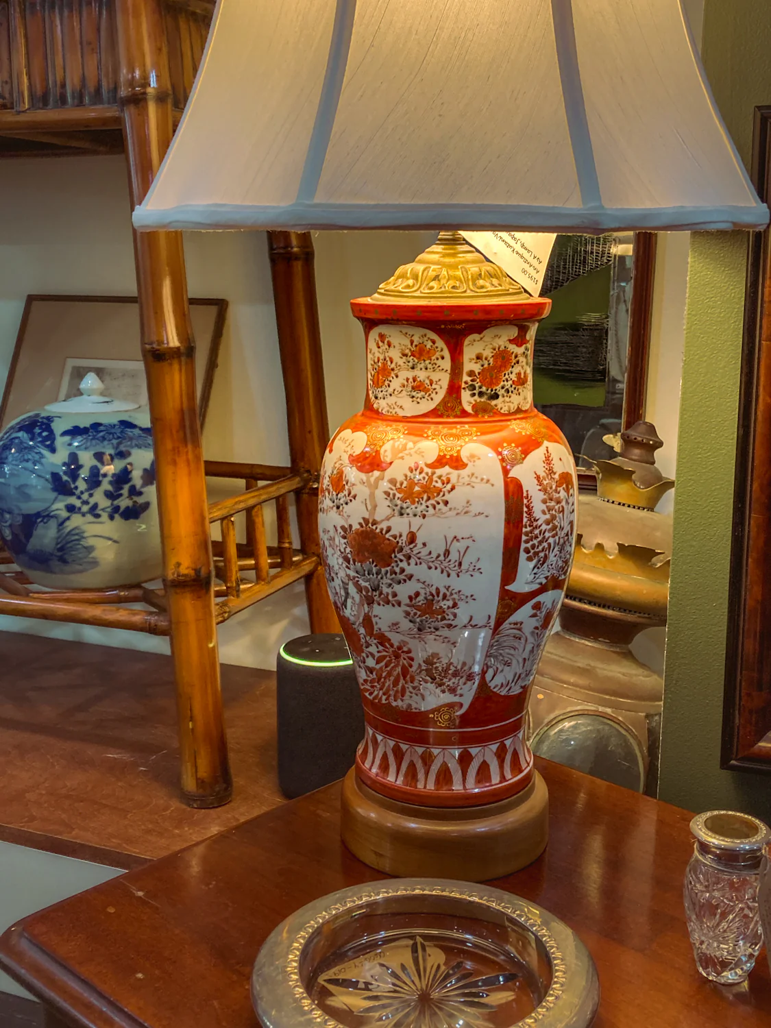 Antique Japanese Hand Painted Kutani Porcelain Vase Lamp Wood Base - Image 10