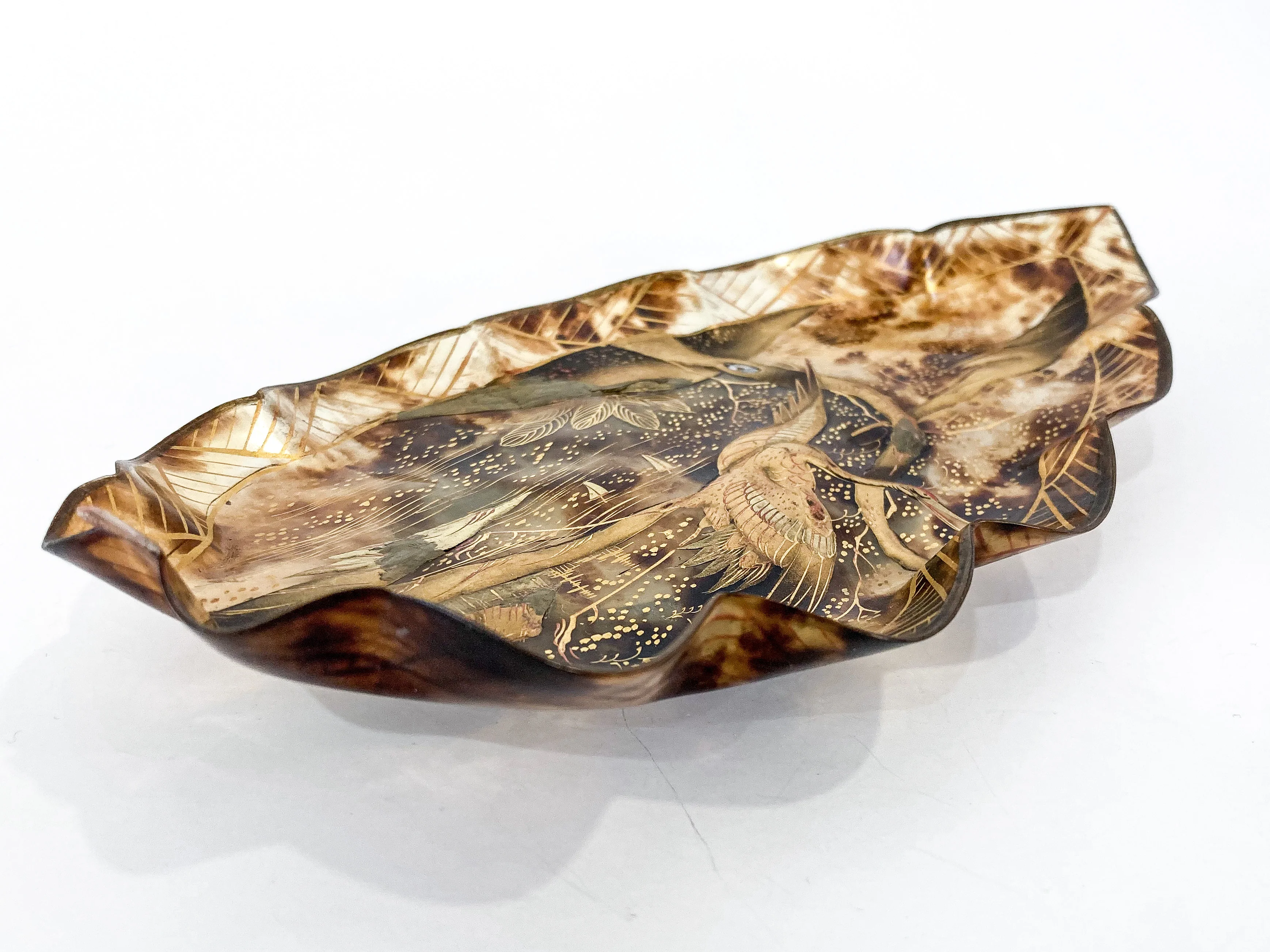 Antique Leaf Shape Gilt Crane Tortoise Shell Lacquer Dish Japanese Tray - Image 10
