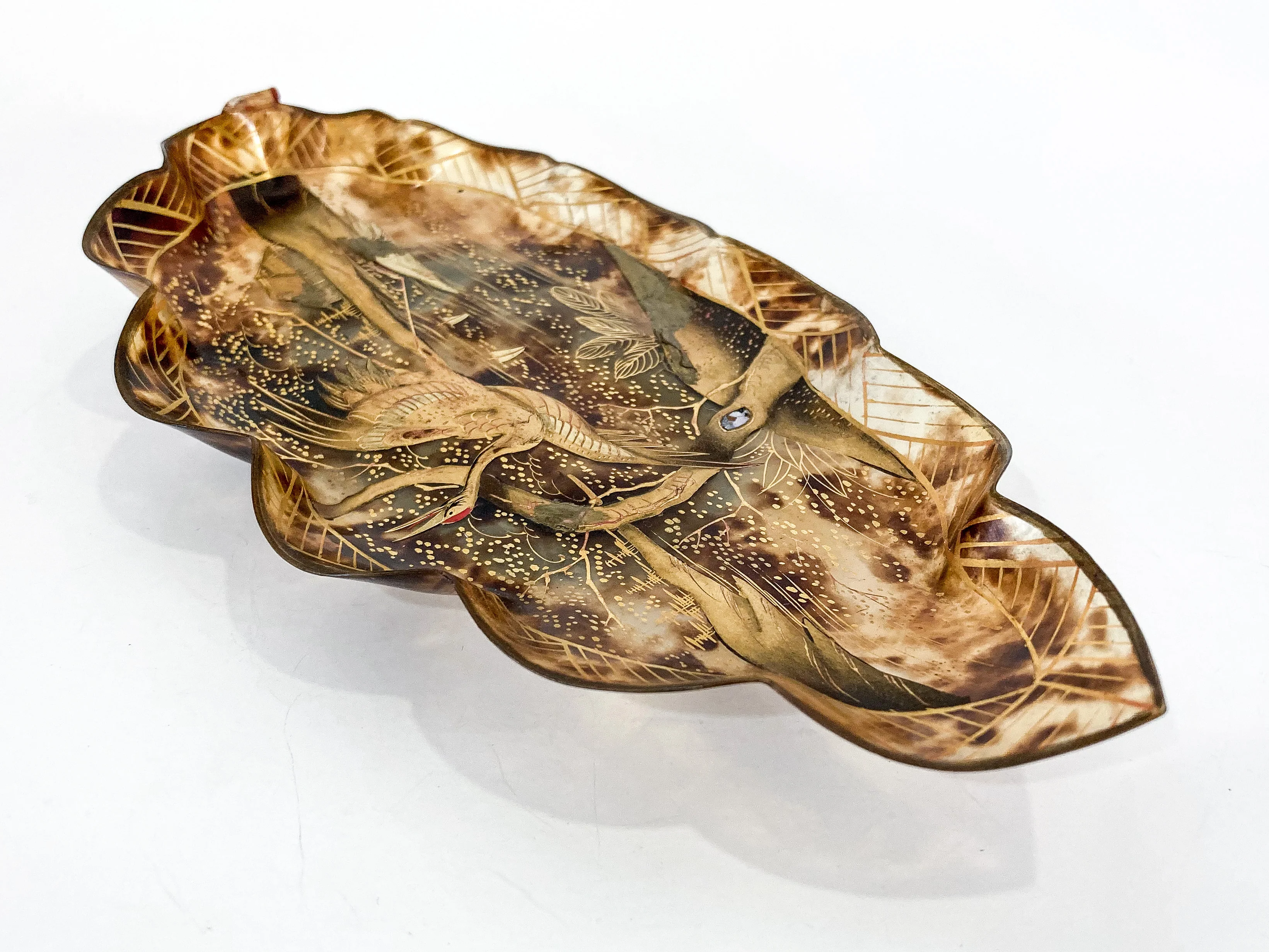 Antique Leaf Shape Gilt Crane Tortoise Shell Lacquer Dish Japanese Tray - Image 11
