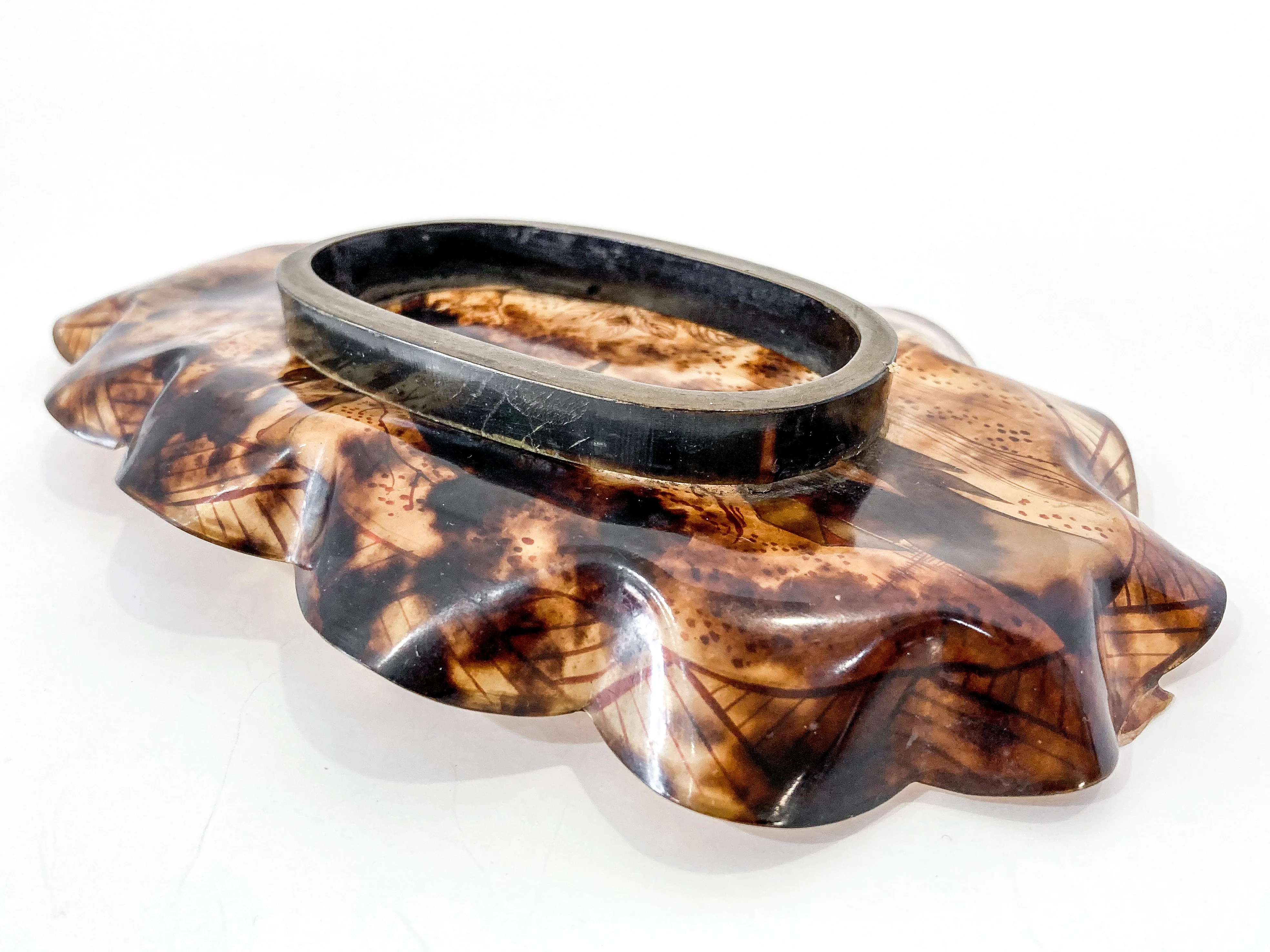 Antique Leaf Shape Gilt Crane Tortoise Shell Lacquer Dish Japanese Tray - Image 14