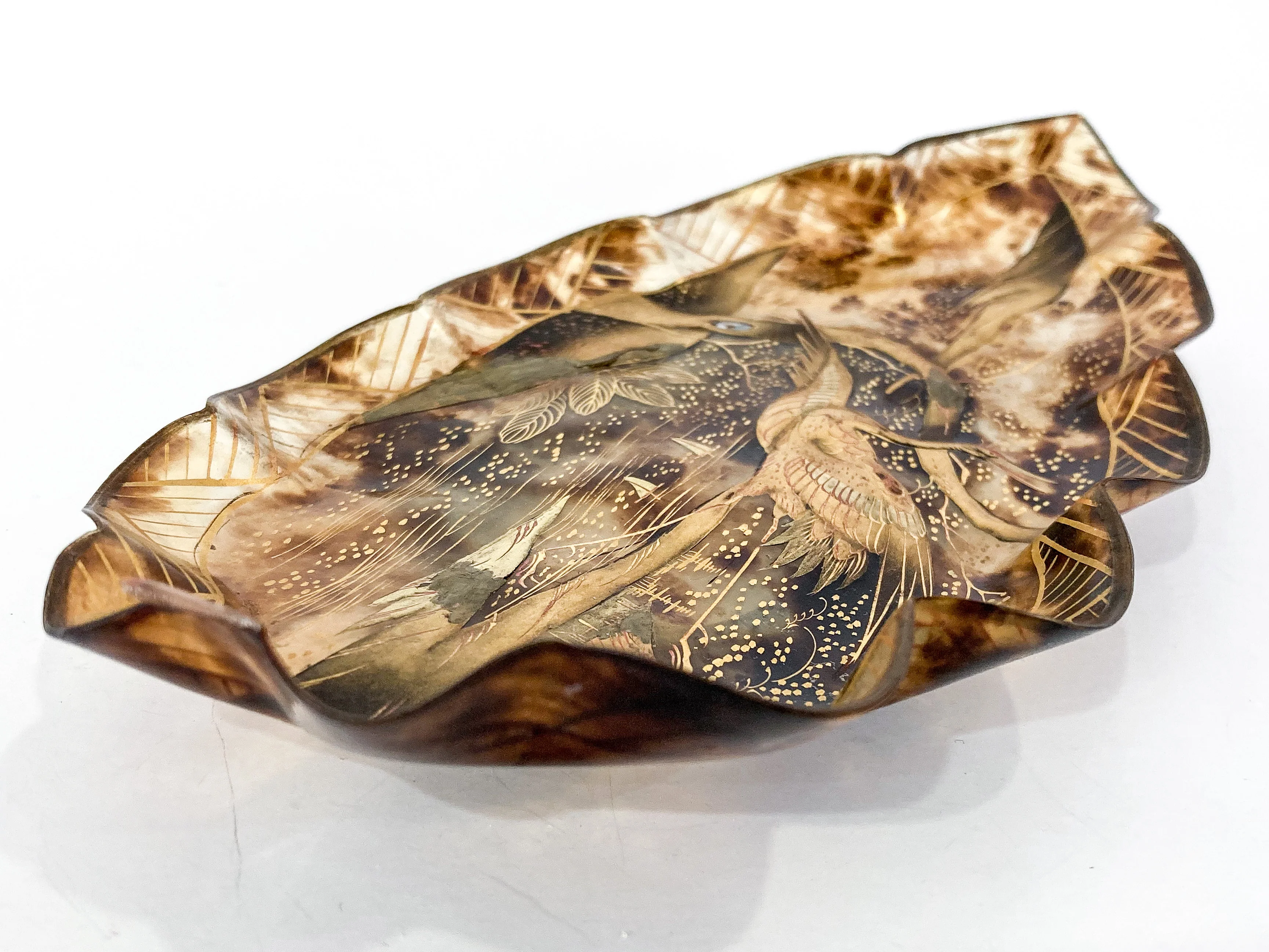 Antique Leaf Shape Gilt Crane Tortoise Shell Lacquer Dish Japanese Tray - Image 15