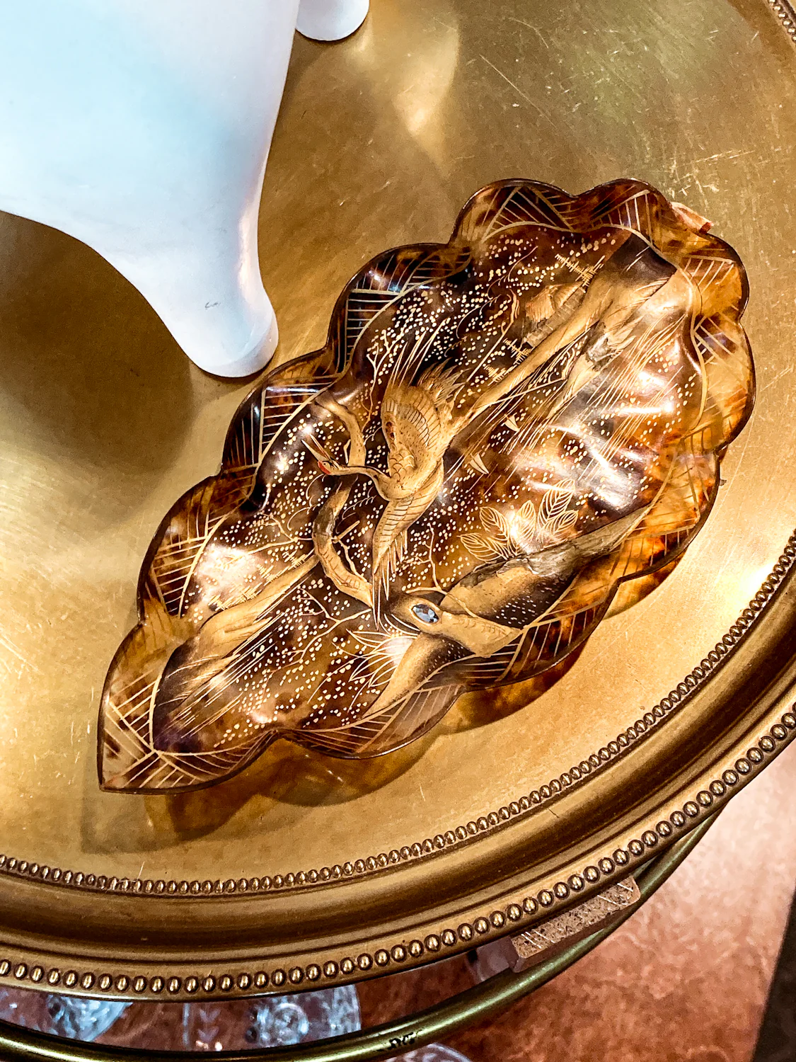 Antique Leaf Shape Gilt Crane Tortoise Shell Lacquer Dish Japanese Tray - Image 3