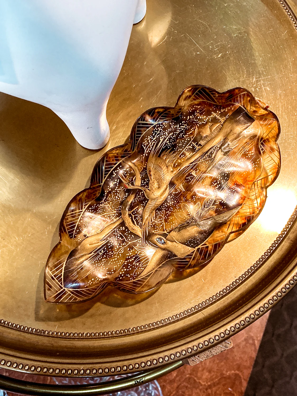 Antique Leaf Shape Gilt Crane Tortoise Shell Lacquer Dish Japanese Tray - Image 4