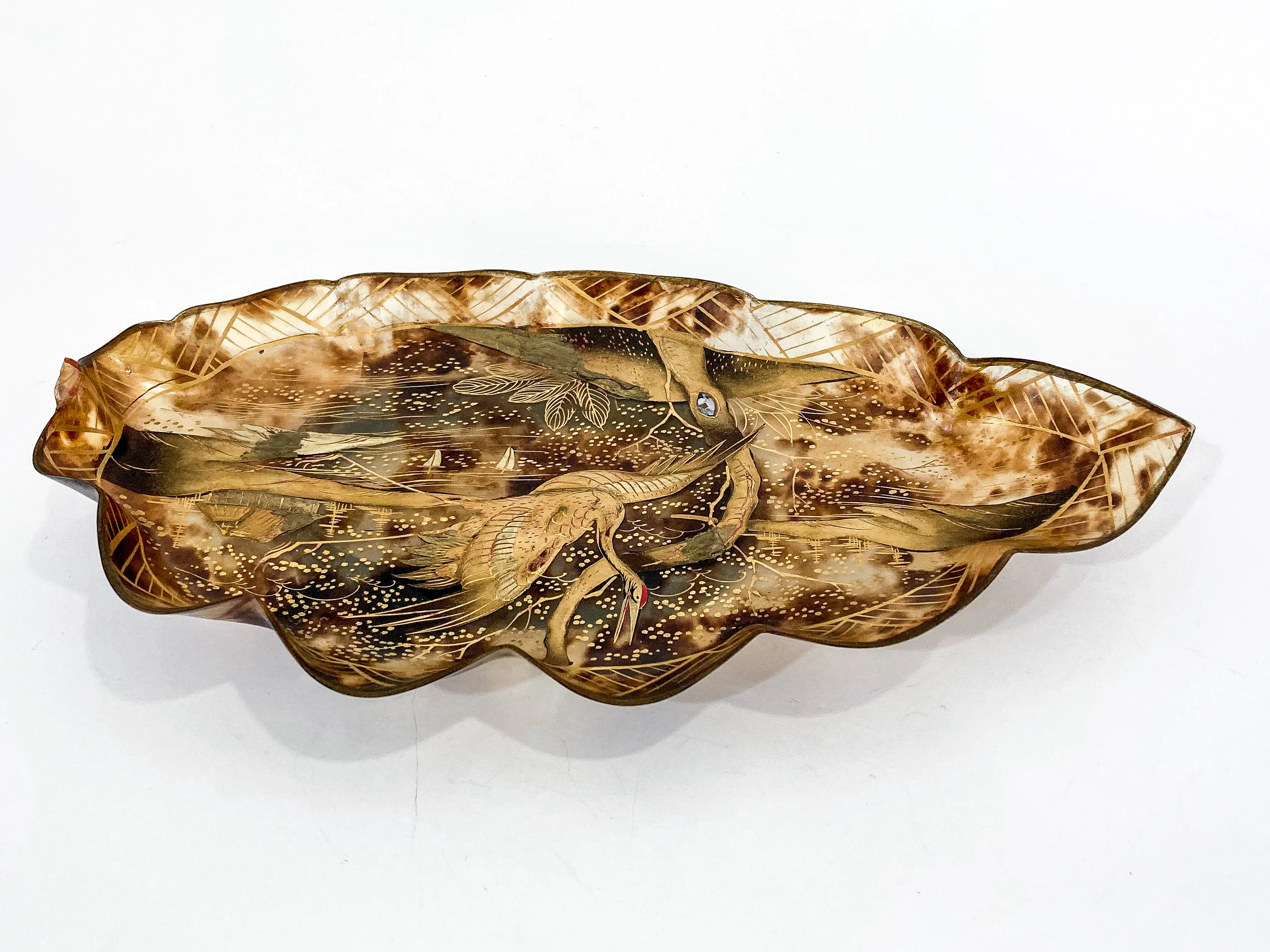 Antique Leaf Shape Gilt Crane Tortoise Shell Lacquer Dish Japanese Tray - Image 6