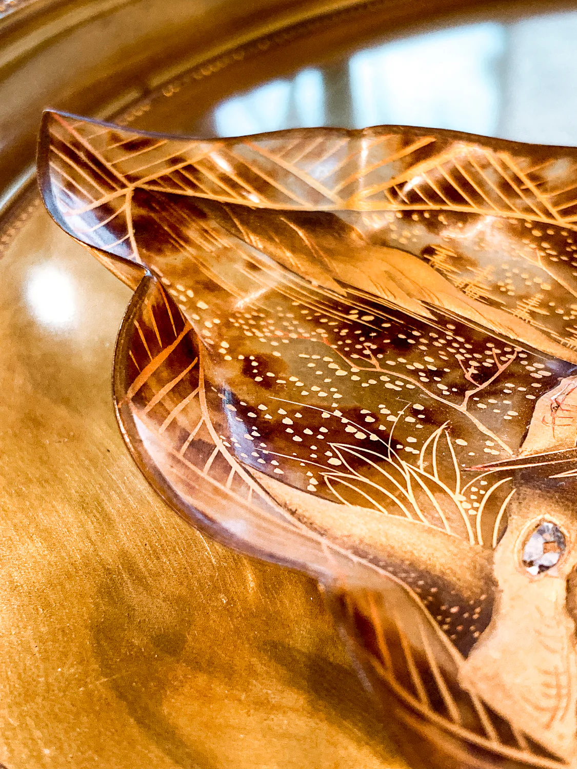 Antique Leaf Shape Gilt Crane Tortoise Shell Lacquer Dish Japanese Tray - Image 7