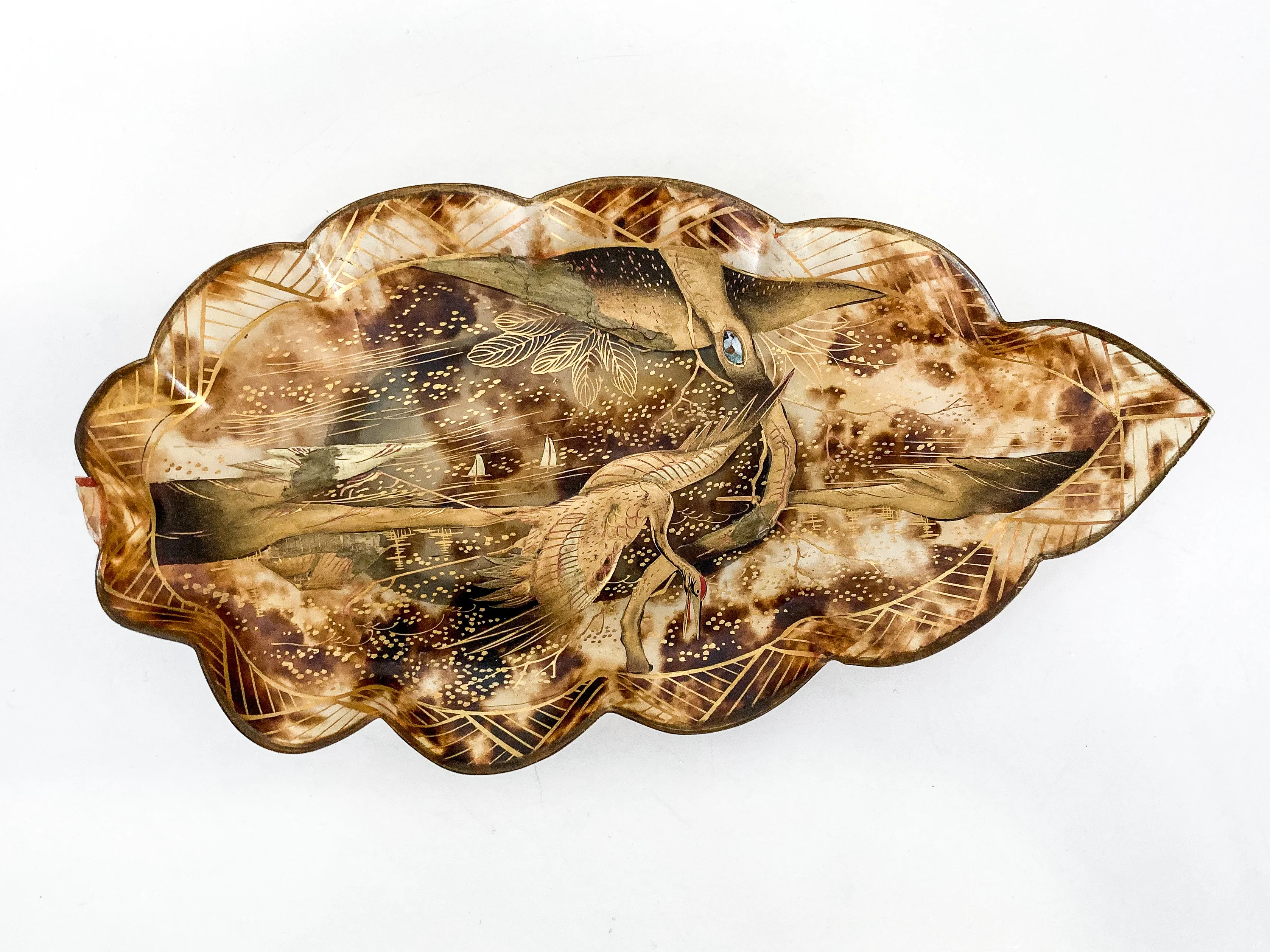Antique Leaf Shape Gilt Crane Tortoise Shell Lacquer Dish Japanese Tray - Image 8