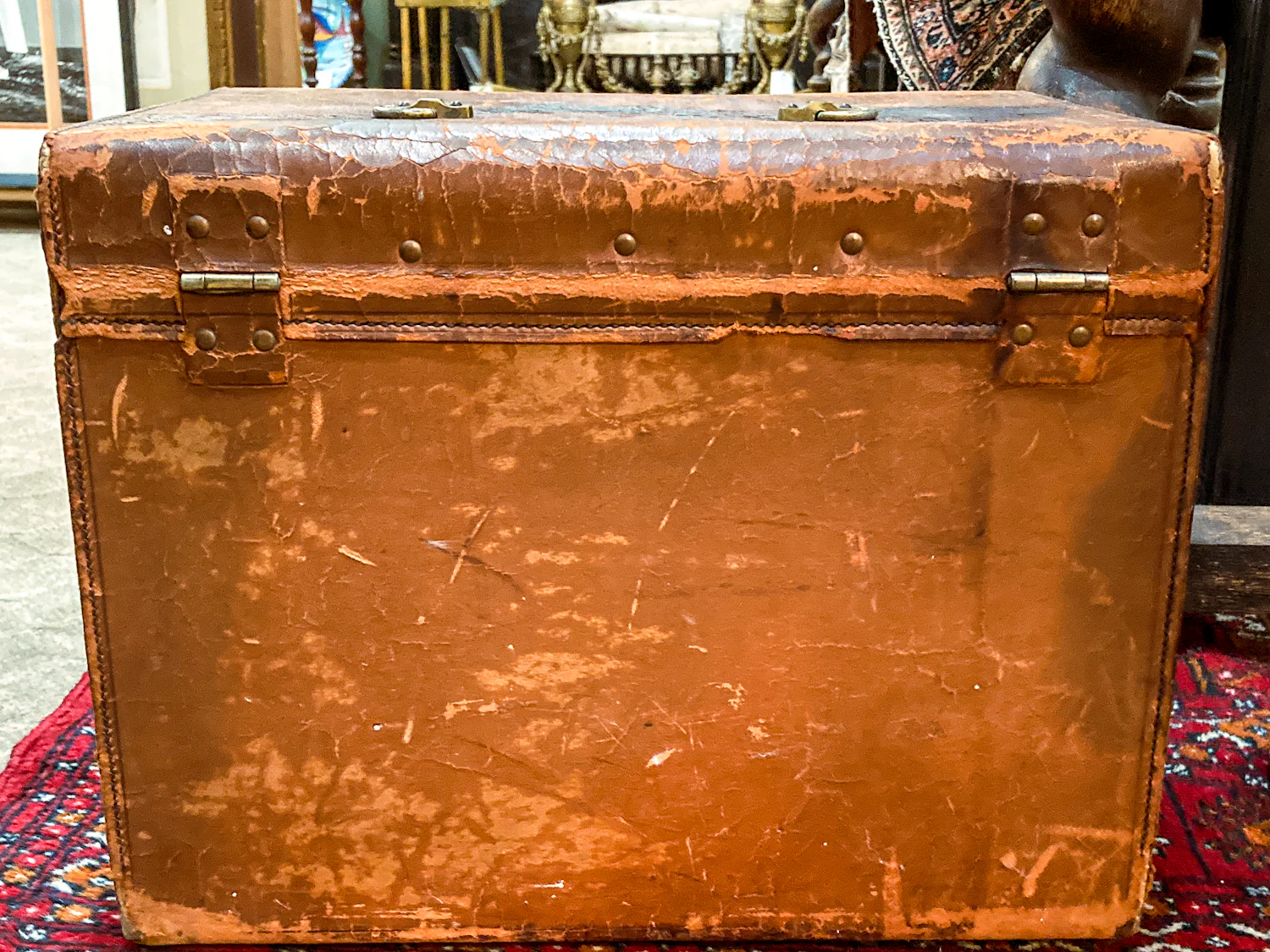 Antique Edwardian Leather Red Lined Carrying Travel Luggage Hat Box - Image 10