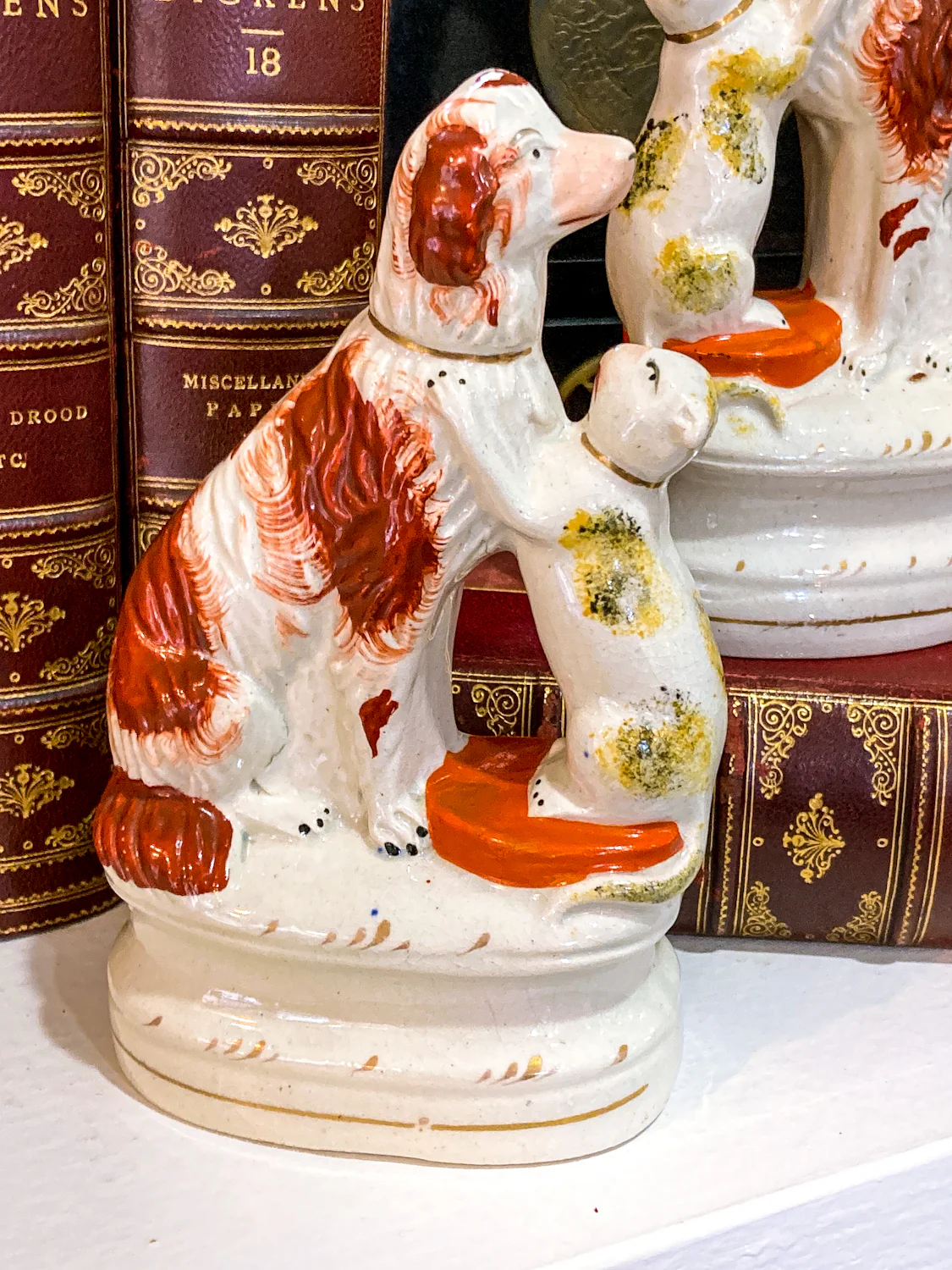 Antique Pair Rare Staffordshire Cat and Spaniel Dog Porcelain Figurines - Image 3