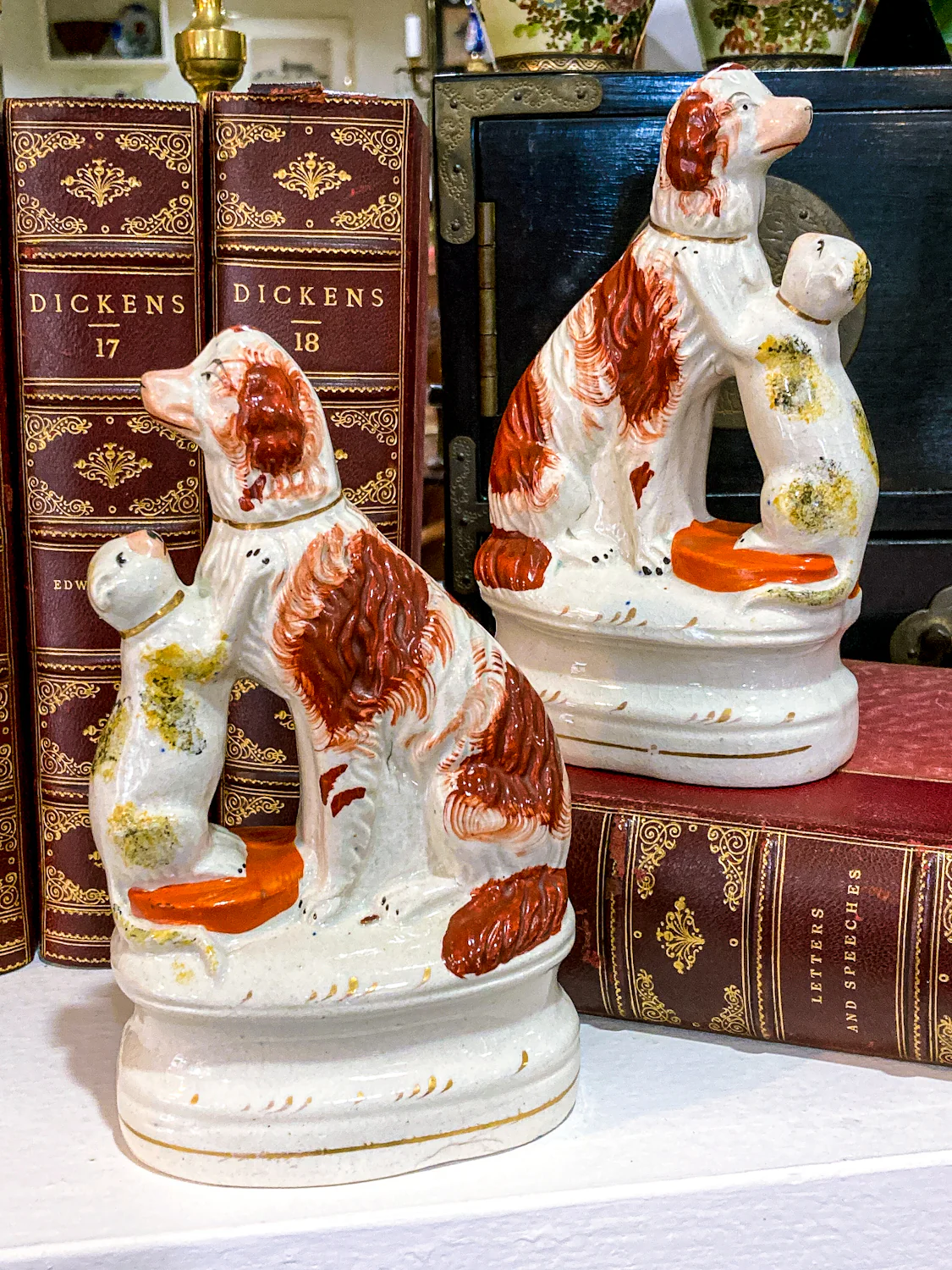 Antique Pair Rare Staffordshire Cat and Spaniel Dog Porcelain Figurines - Image 4