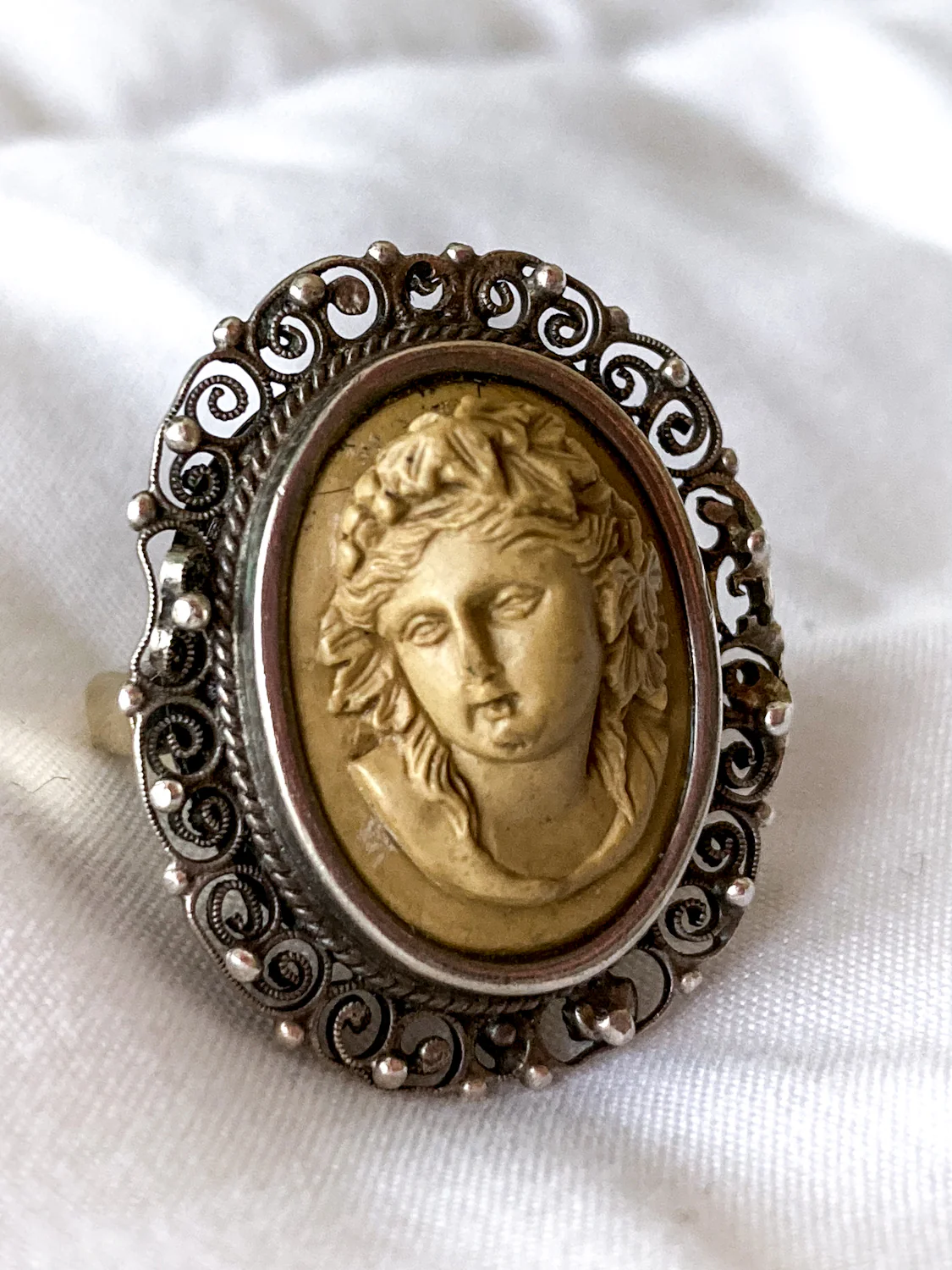 Antique Victorian Gold Sterling Silver Filigree Lava Stone Cameo Ring - Image 10