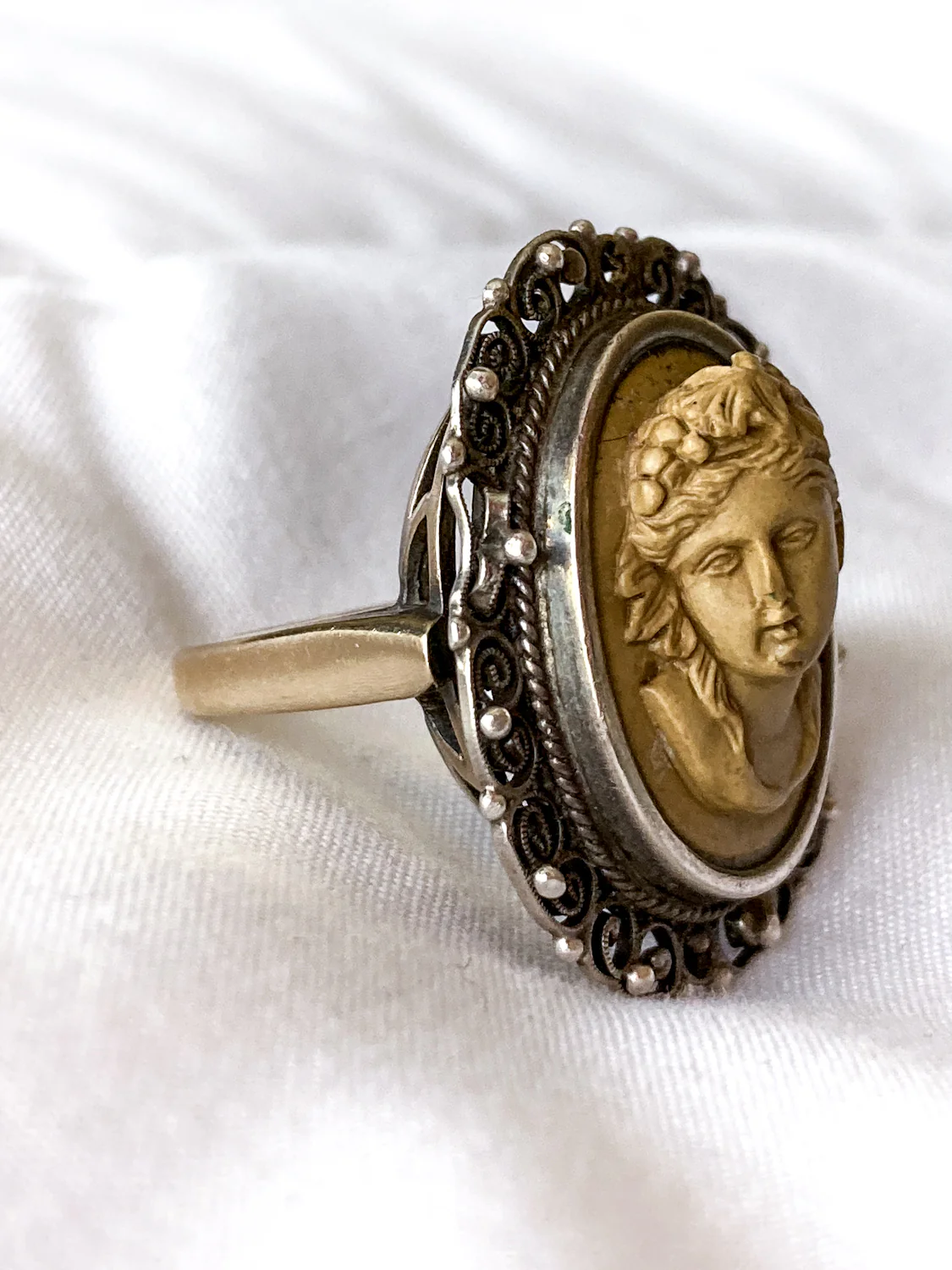 Antique Victorian Gold Sterling Silver Filigree Lava Stone Cameo Ring - Image 11